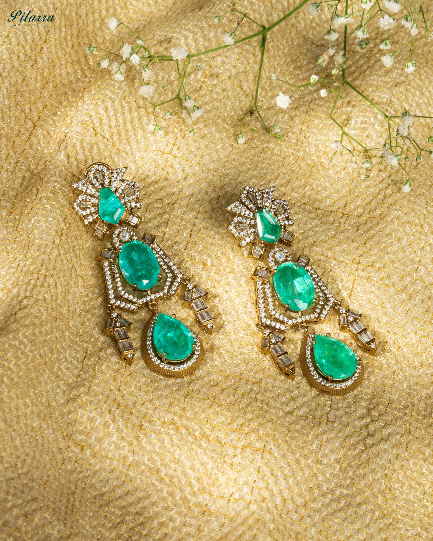 Green Silver Double Earrings