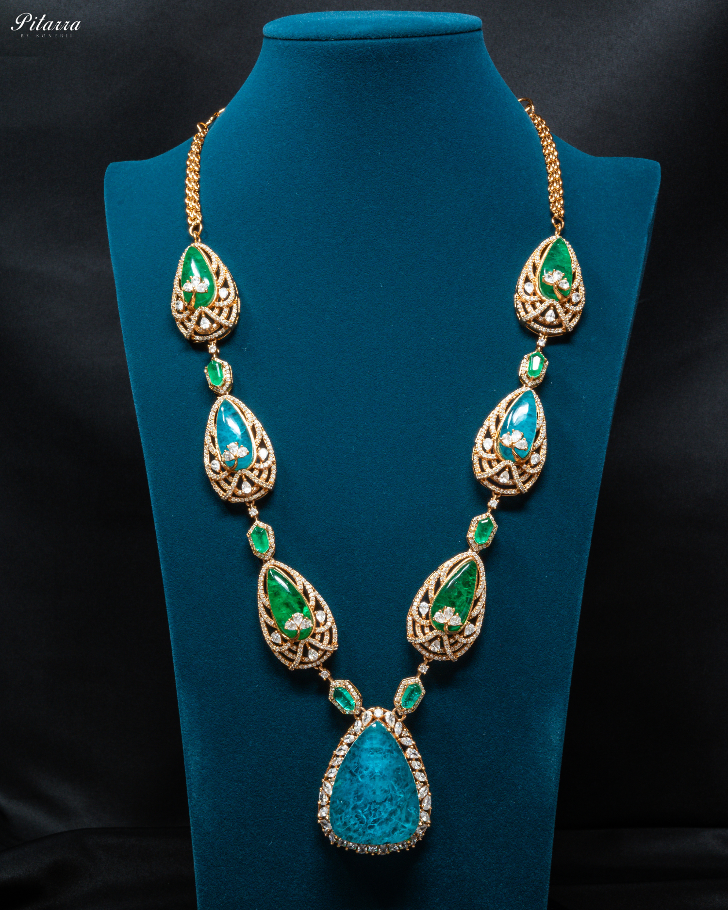 Blue and Green Doublet Stone with CZ Necklace Set