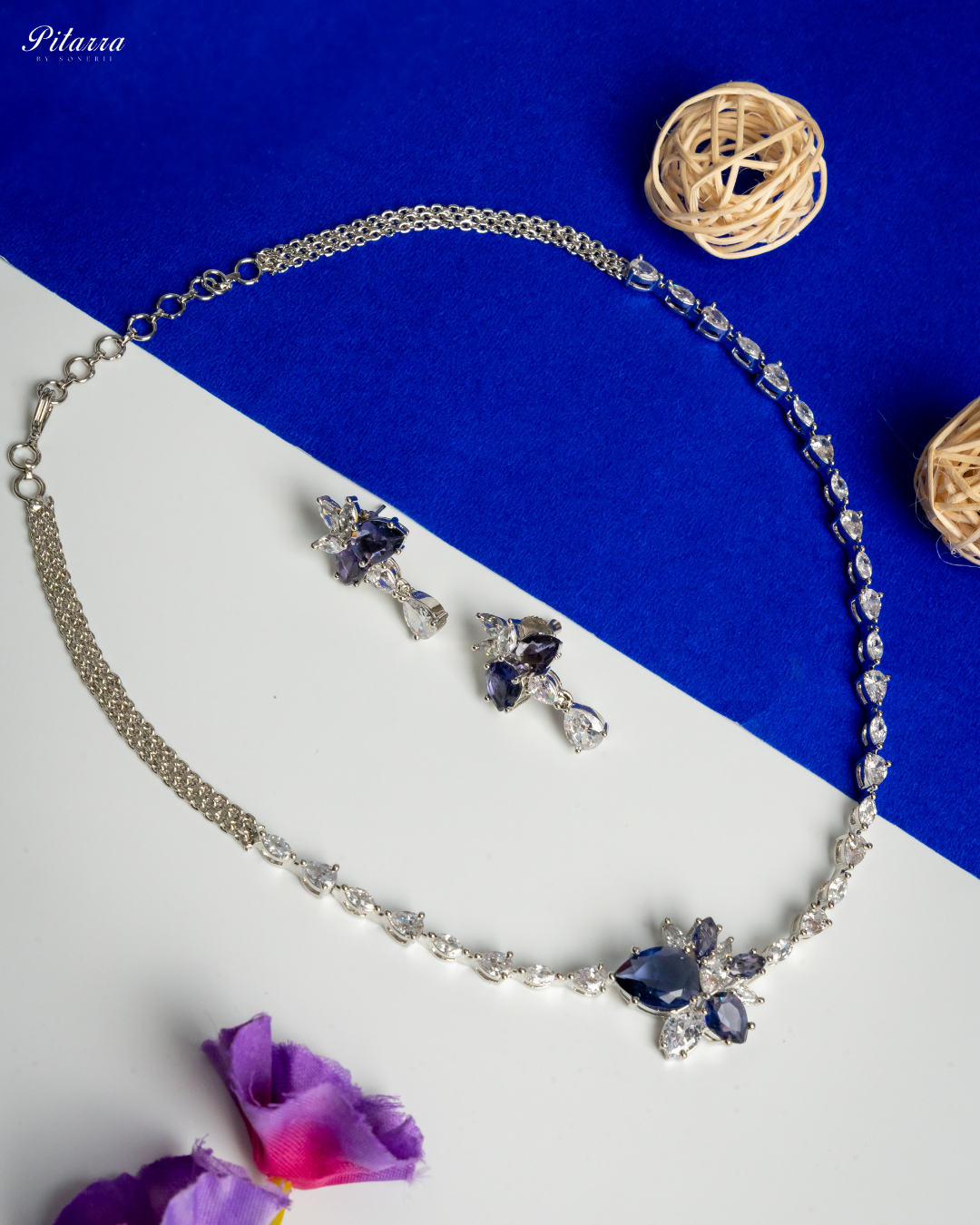 Blue Silver Plated CZ Necklace Set