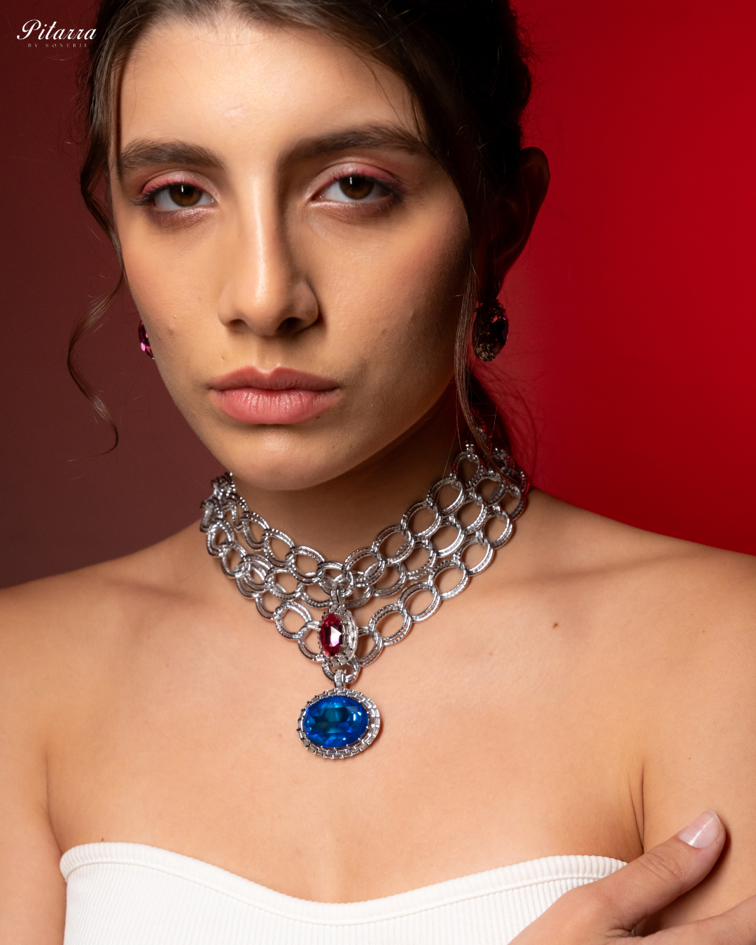 Blue Stone Statement Pendant Chain Choker