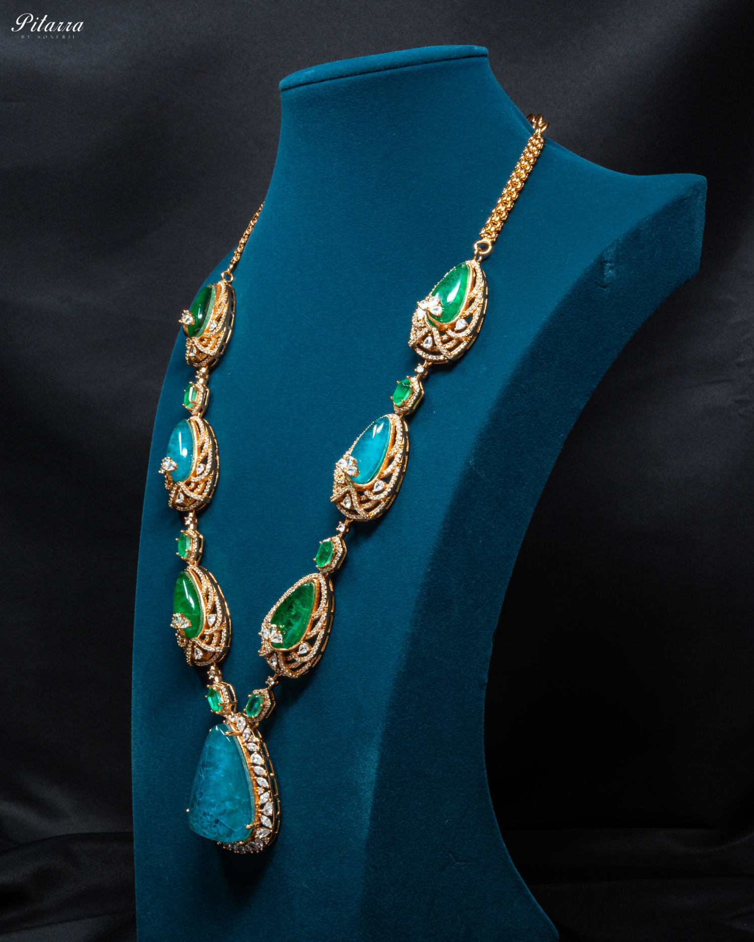 Blue and Green Doublet Stone with CZ Necklace Set