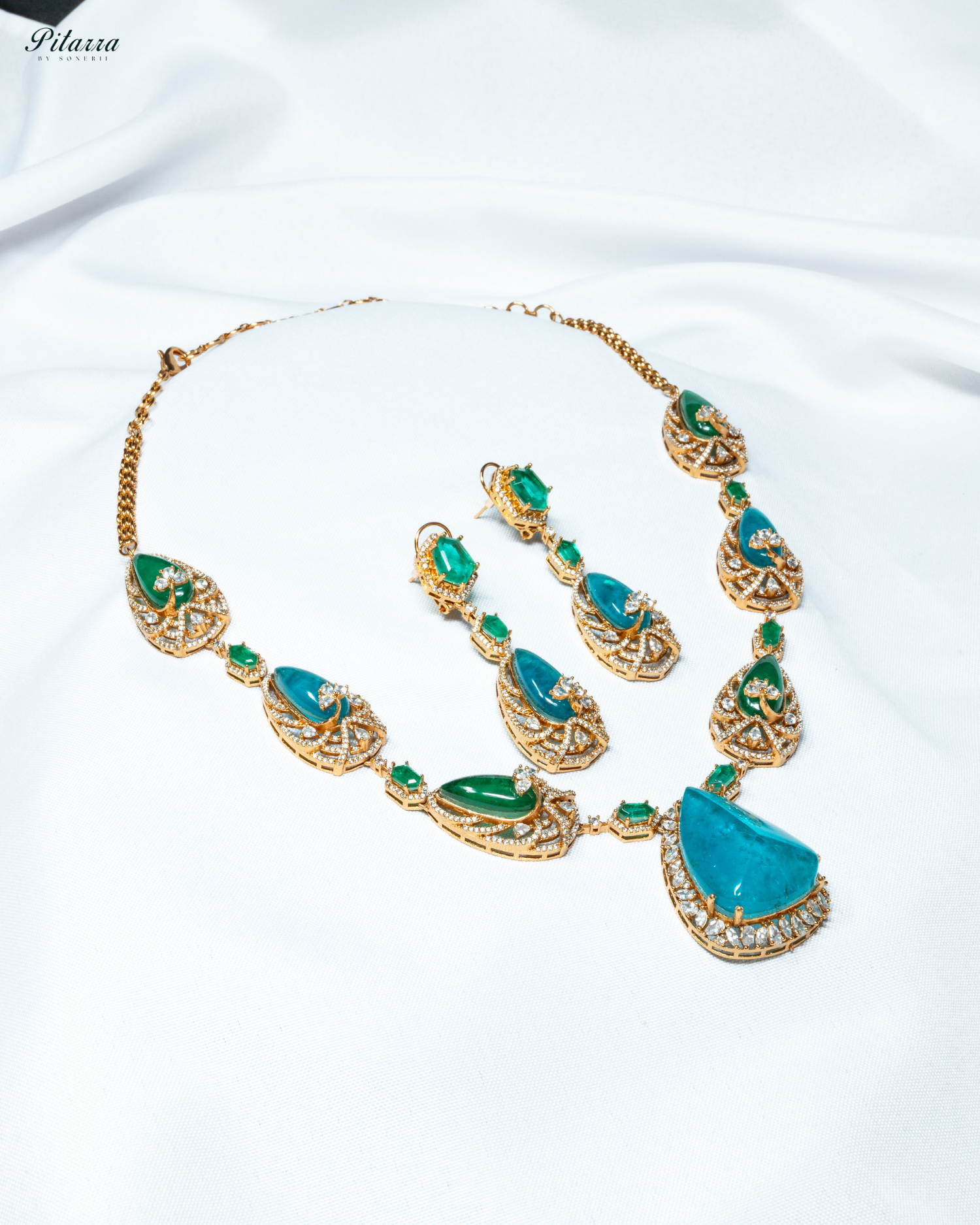 Blue and Green Doublet Stone with CZ Necklace Set