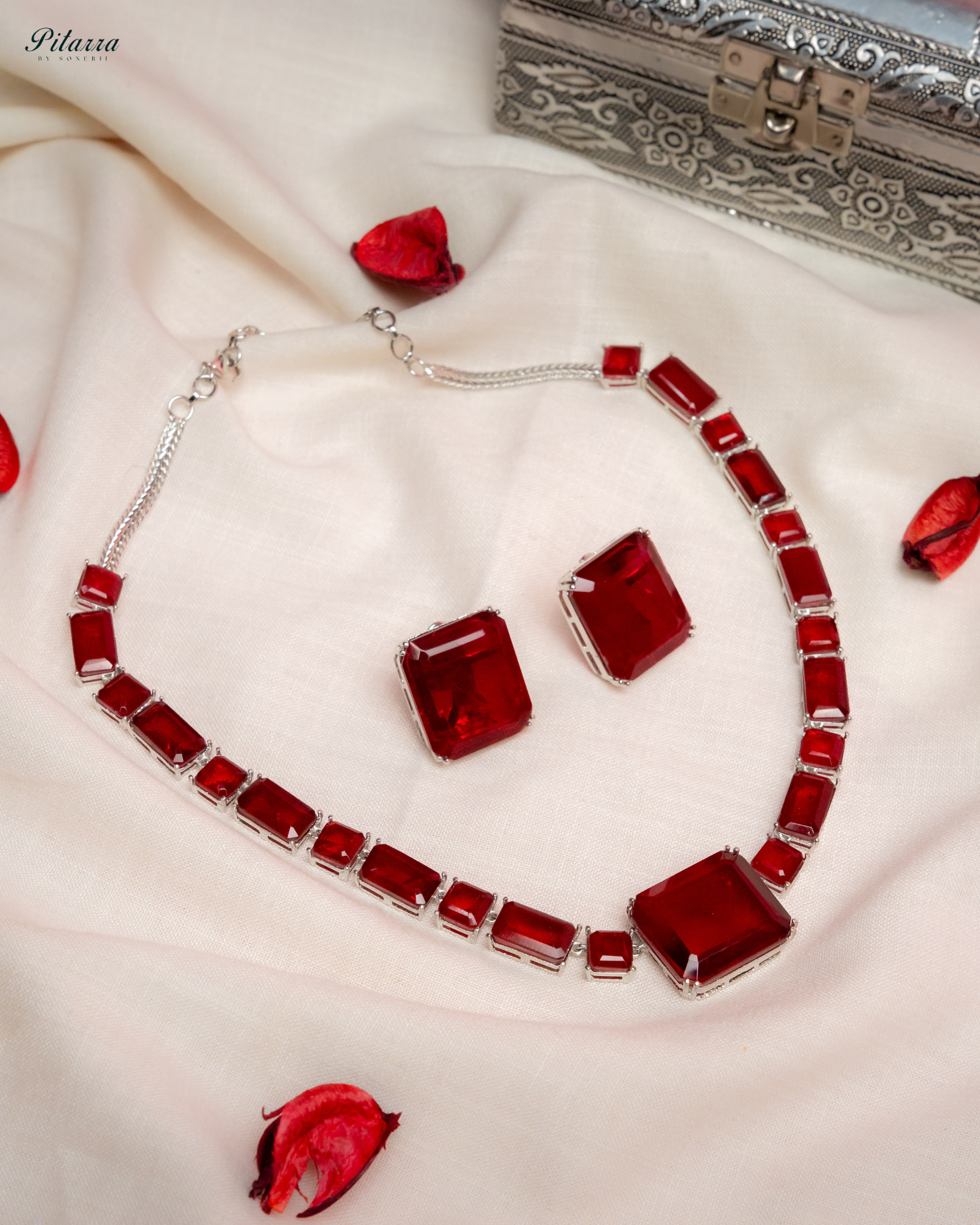 Classic Square Red CZ Necklace Set