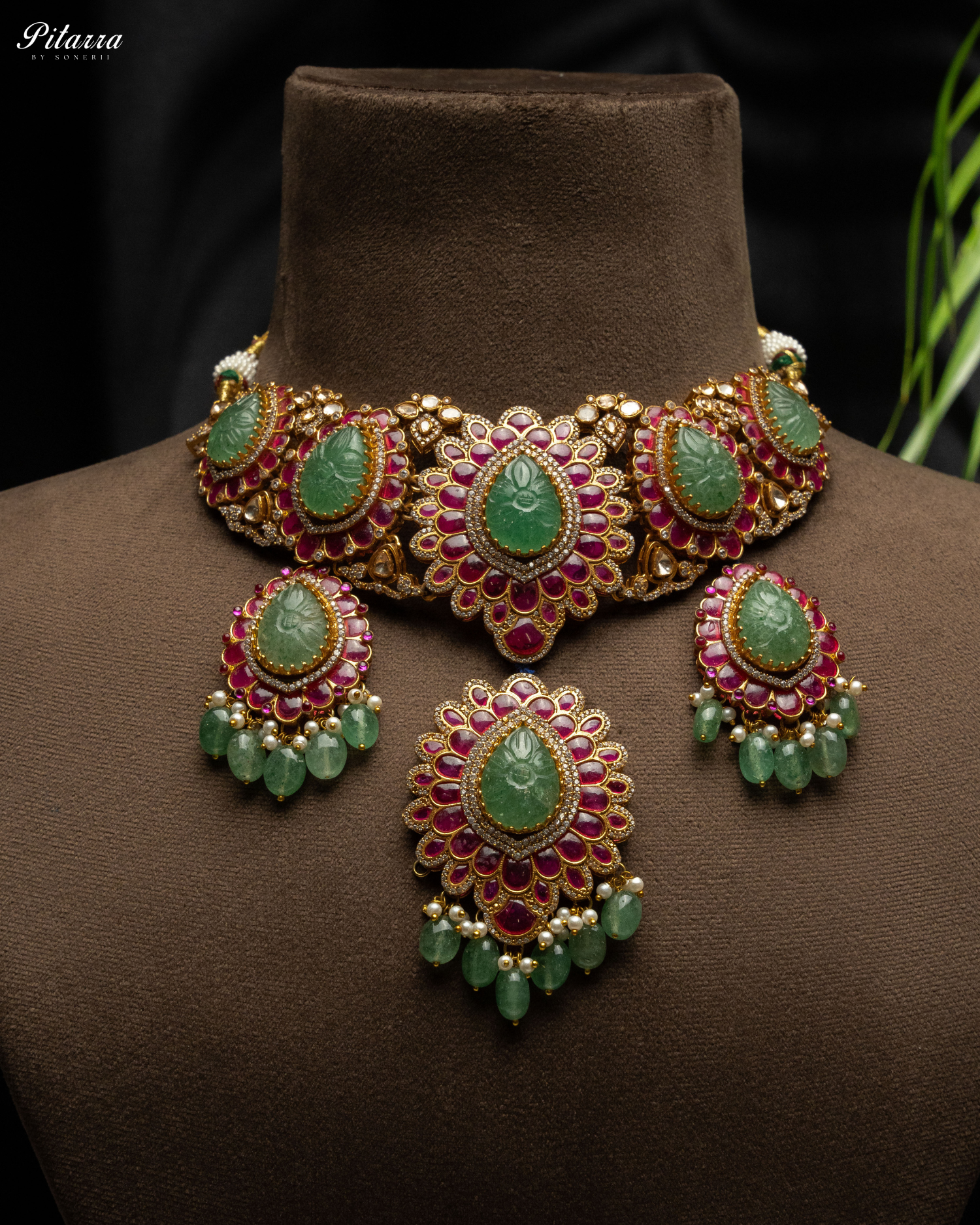 Elegant Kundan Jadau Necklace Set with Emerald Beads