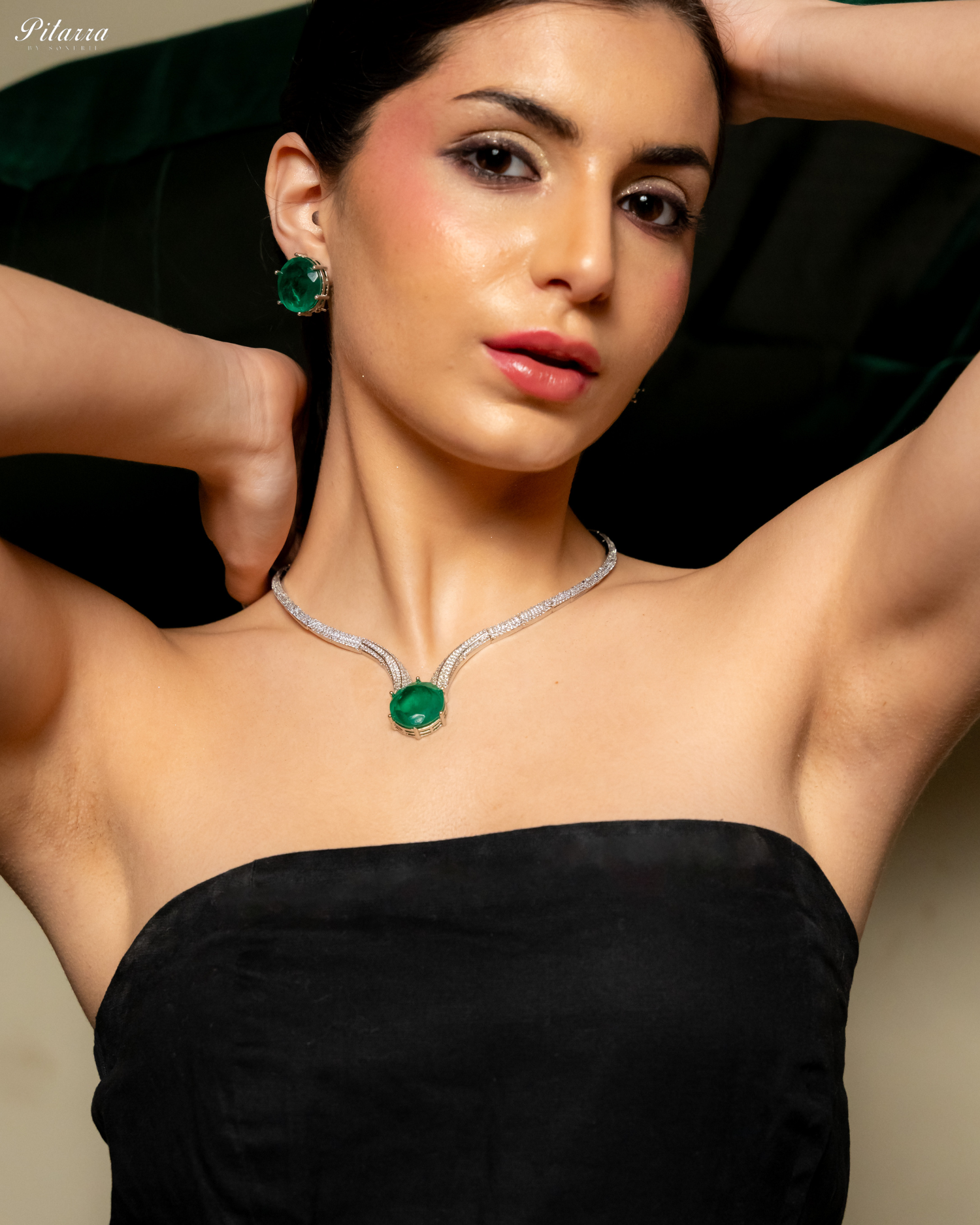 Emerald Drop Stone CZ Necklace Set