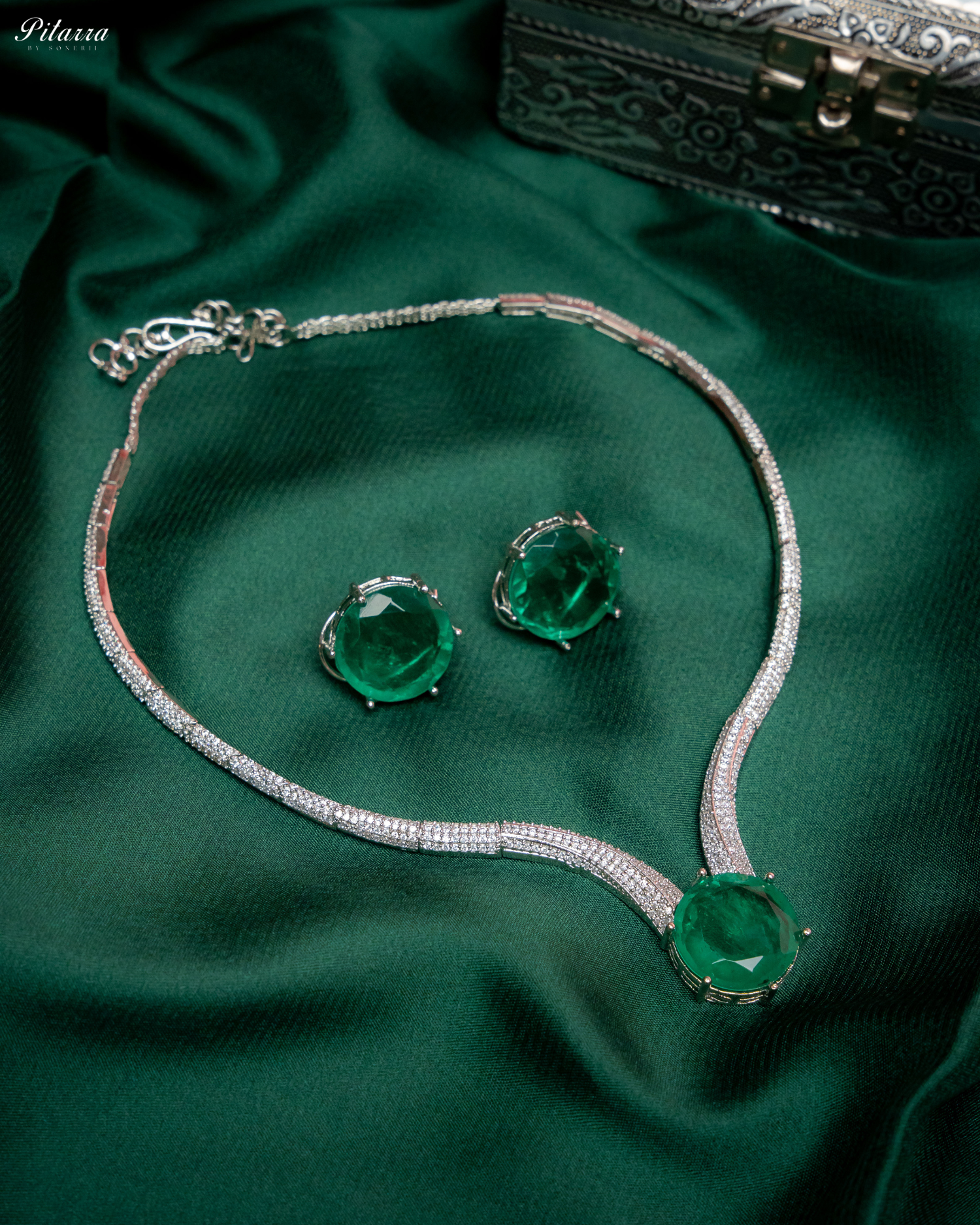 Emerald Drop Stone CZ Necklace Set