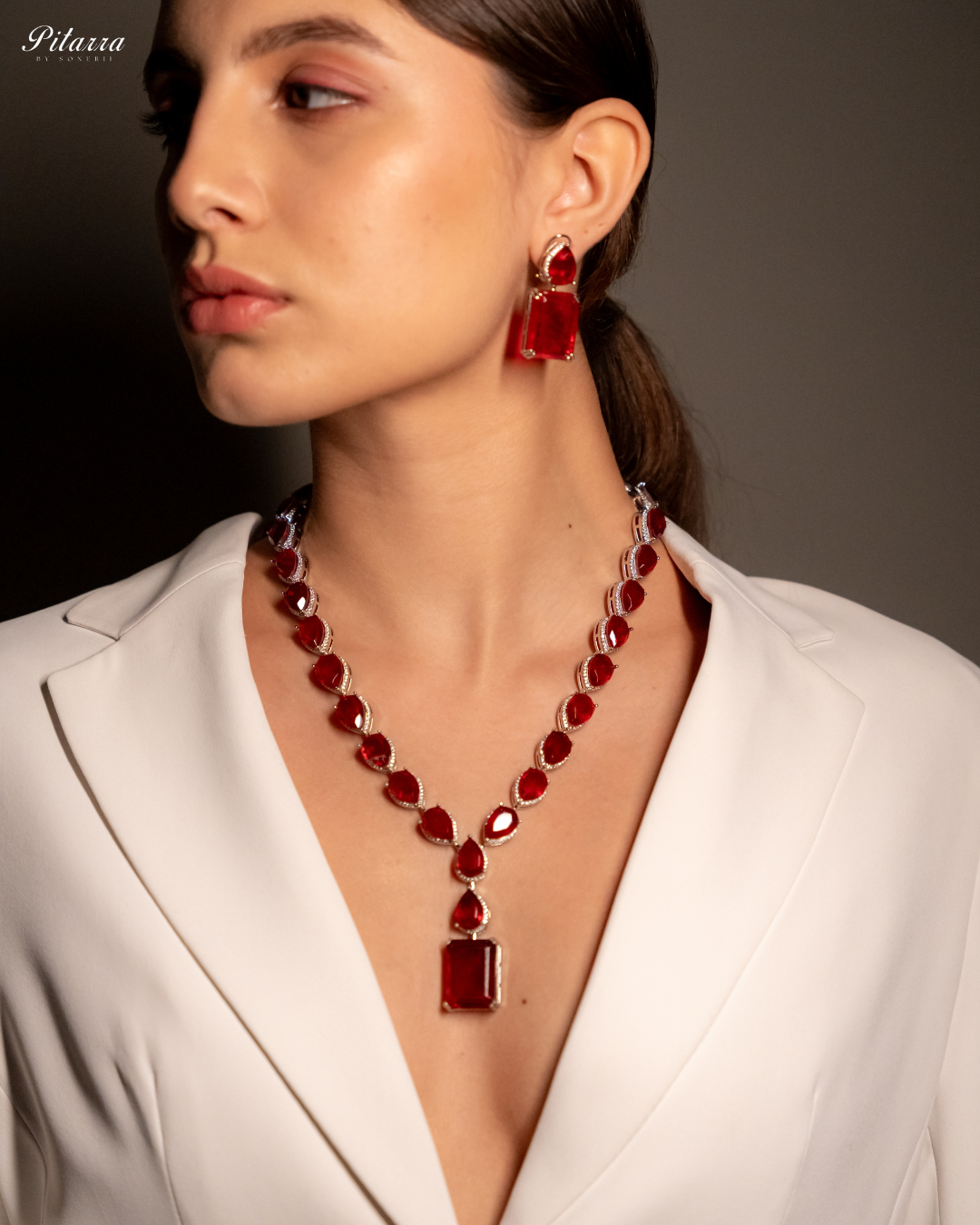 Emerald Red Stone Zirconia Necklace Set