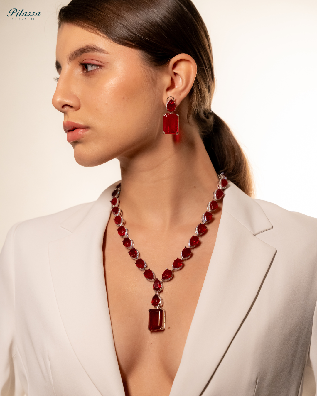 Emerald Red Stone Zirconia Necklace Set