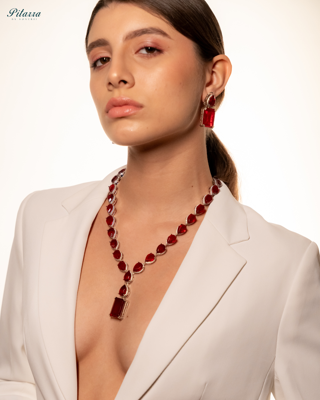 Emerald Red Stone Zirconia Necklace Set