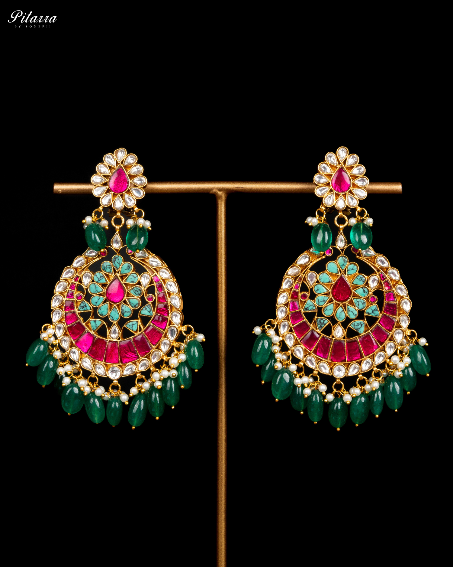 Gold Finish Polki Kundan Green Pearl Earrings