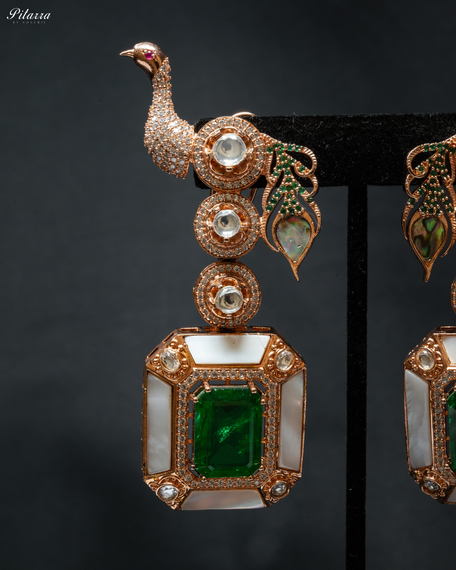 Two MOP Peacocks with Green Doublet Drop Necklace Set