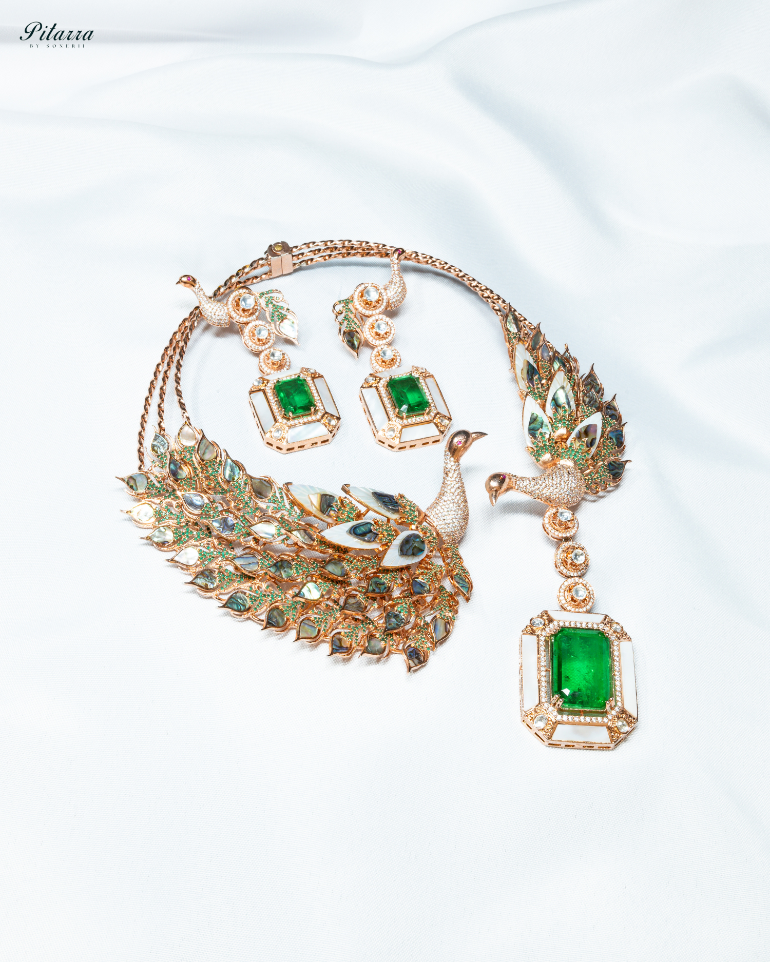 Two MOP Peacocks with Green Doublet Drop Necklace Set