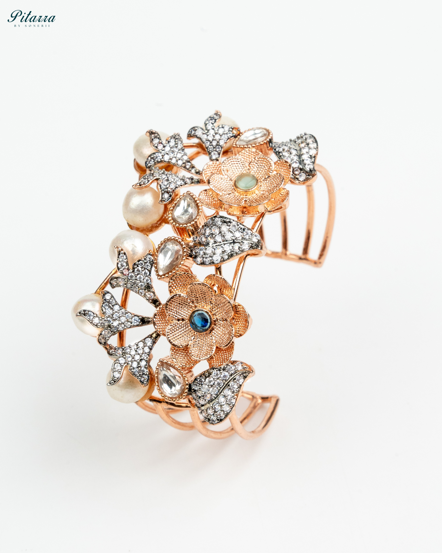 Flower with Pearls Fusion Bangle in Rose Gold