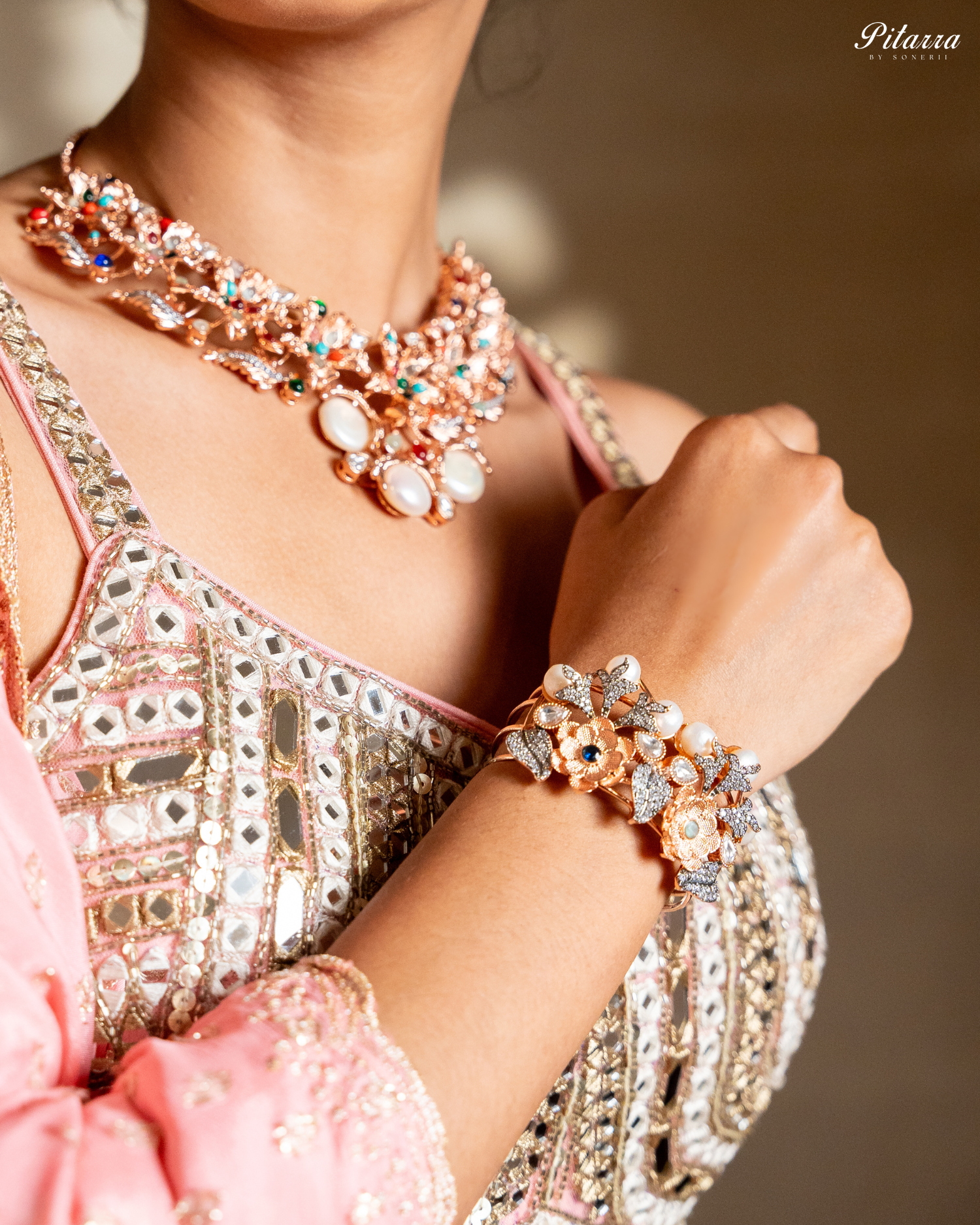 Flower with Pearls Fusion Bangle in Rose Gold