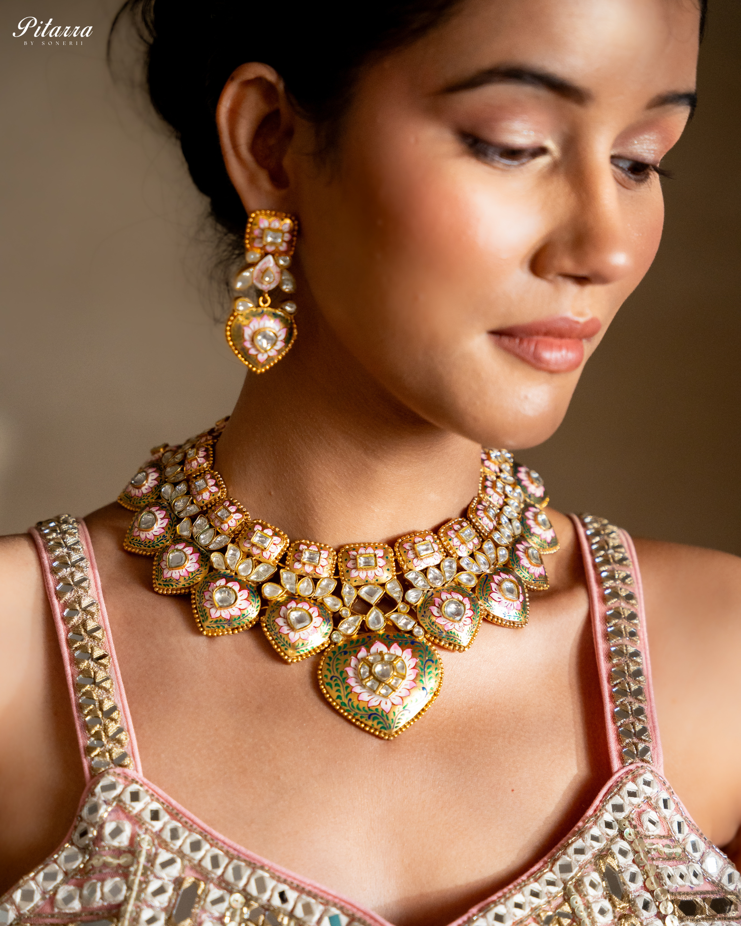 Golden Green Polki Kundan Necklace Set