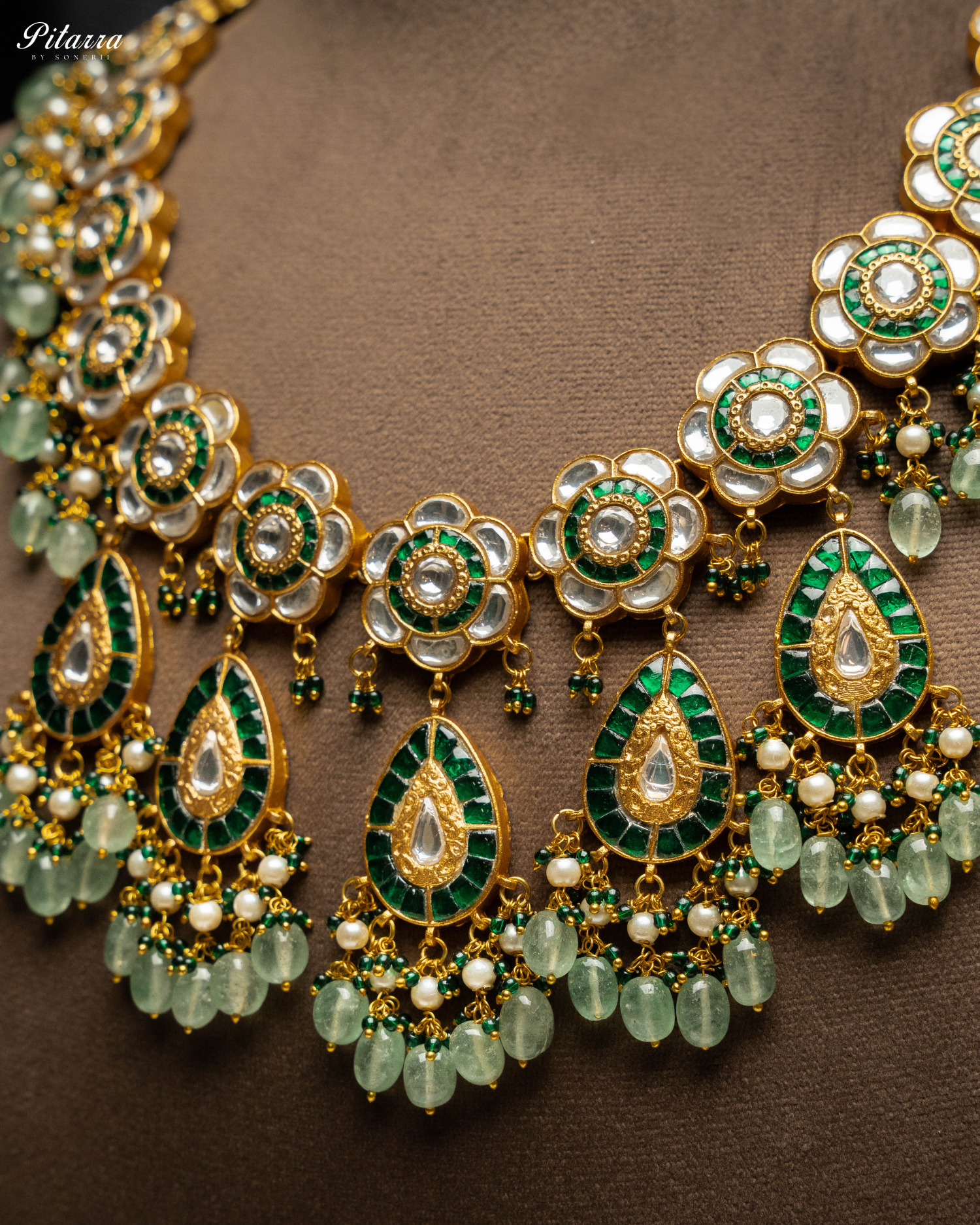 Golden Royal Emerald Green Beaded Polki Necklace