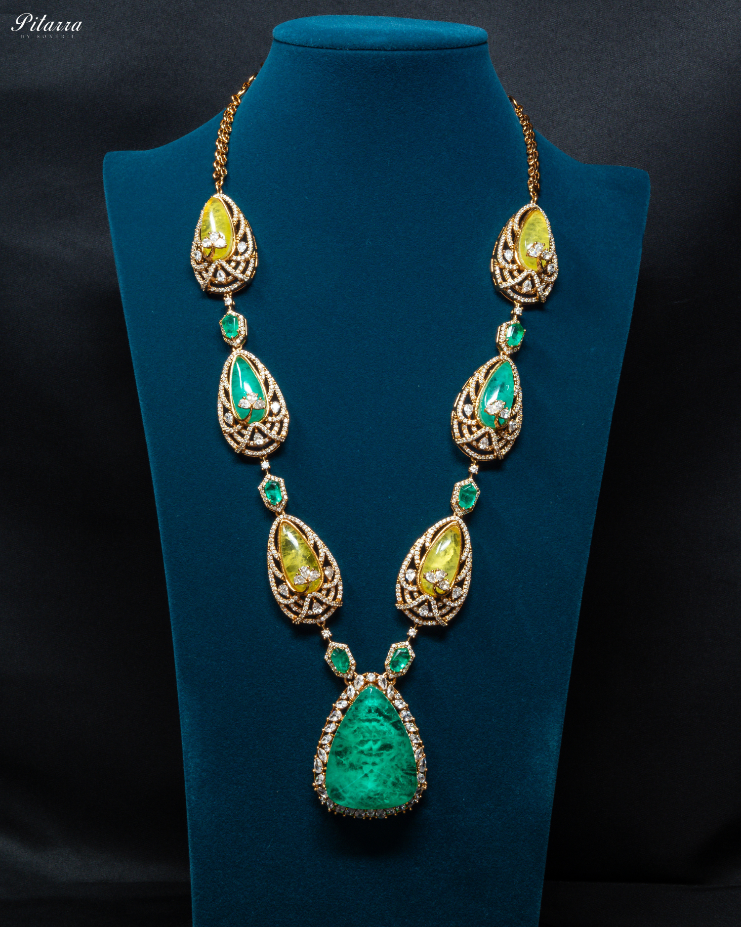 Yellow and Green Doublet Stone with CZ Necklace Set