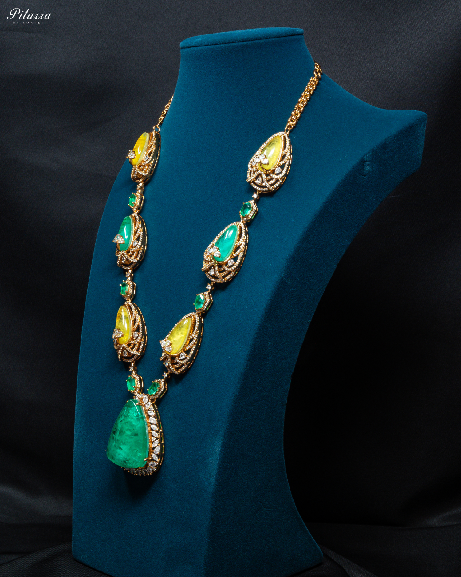 Yellow and Green Doublet Stone with CZ Necklace Set