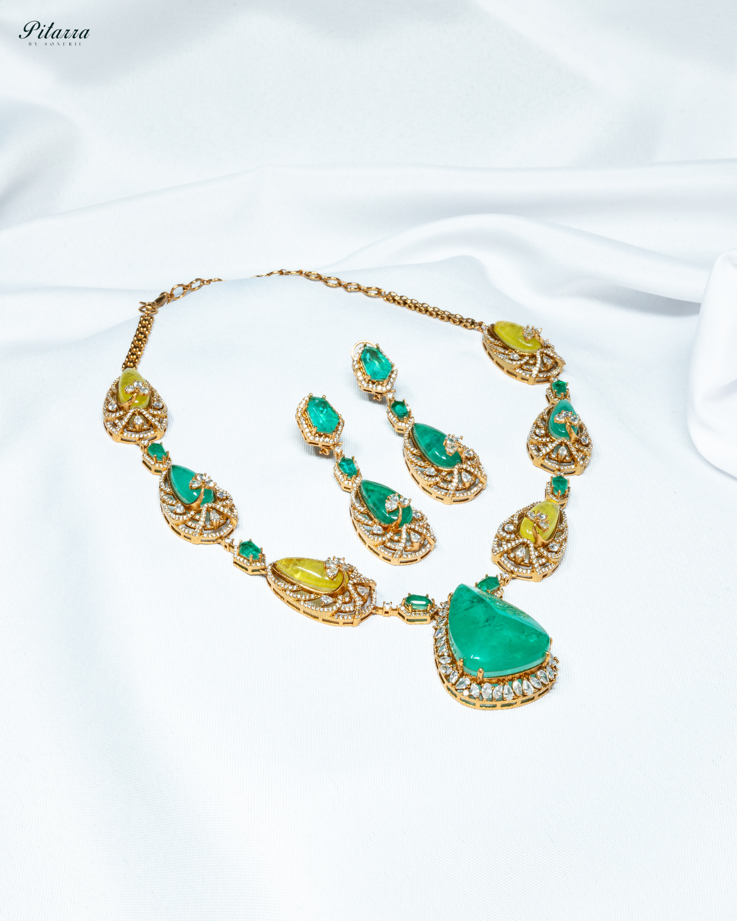 Yellow and Green Doublet Stone with CZ Necklace Set