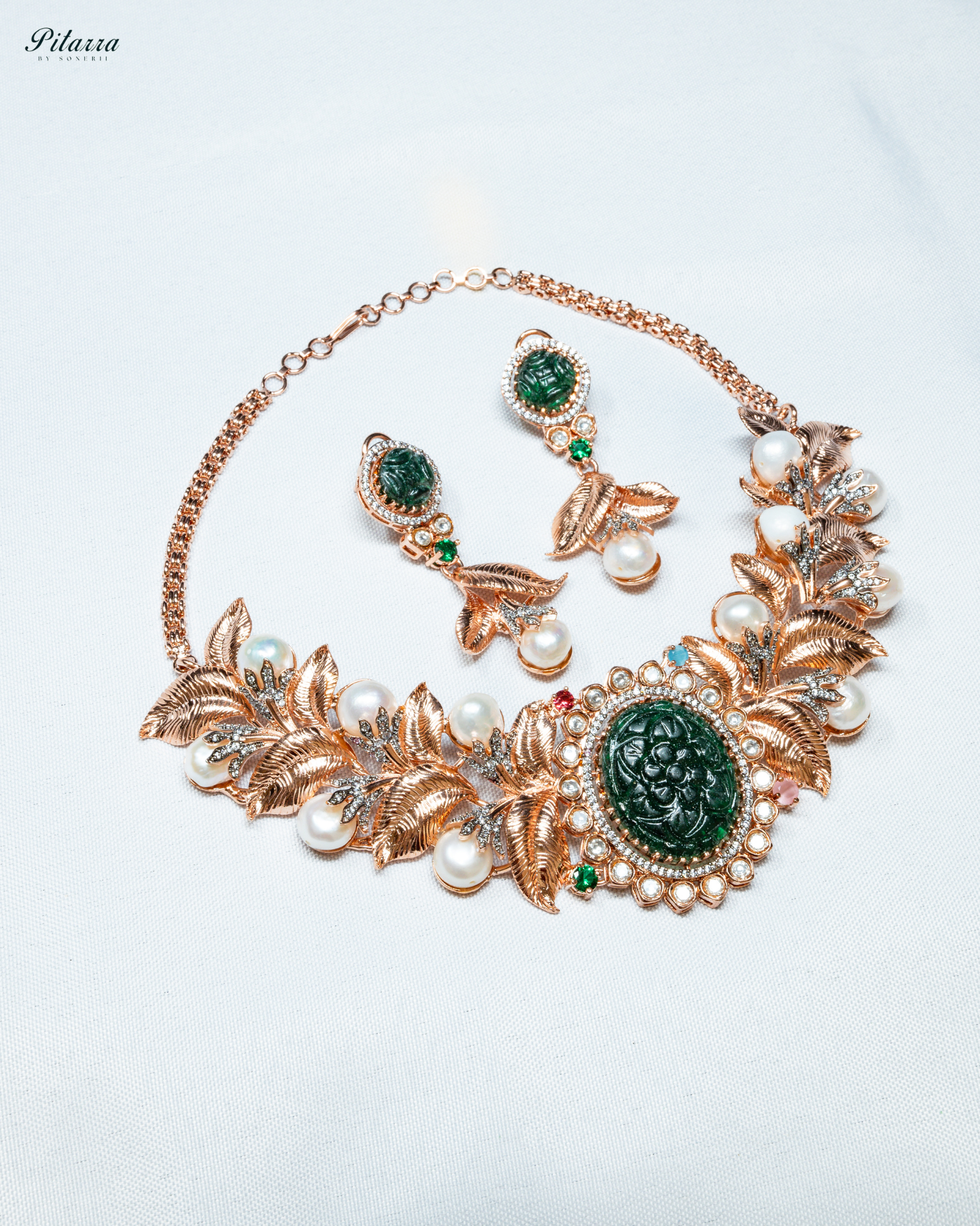 Victoria Green Carved Stone in Rose Gold Polish Necklace Set