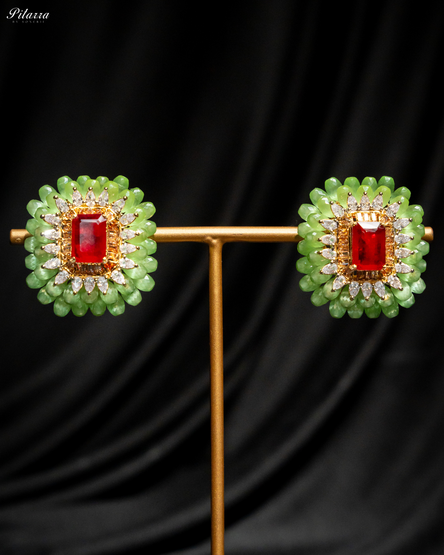 Green and Red Emerald Studs Earrings