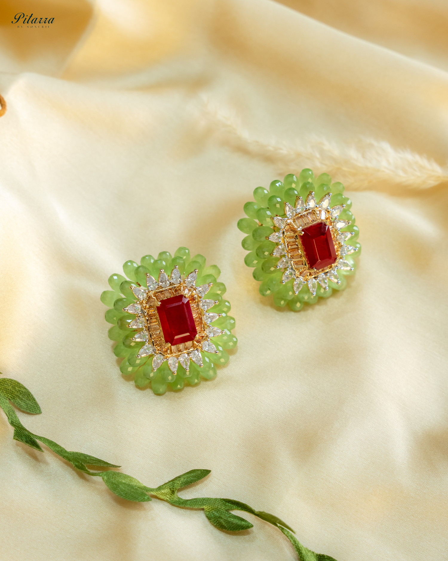 Green and Red Emerald Studs Earrings