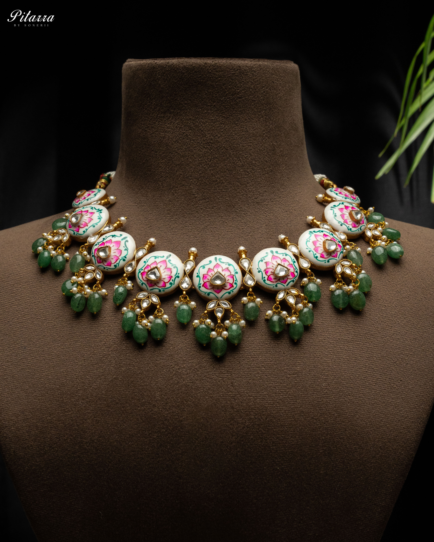 Green Beads Pink Antique Kundan Jadau Necklace Set