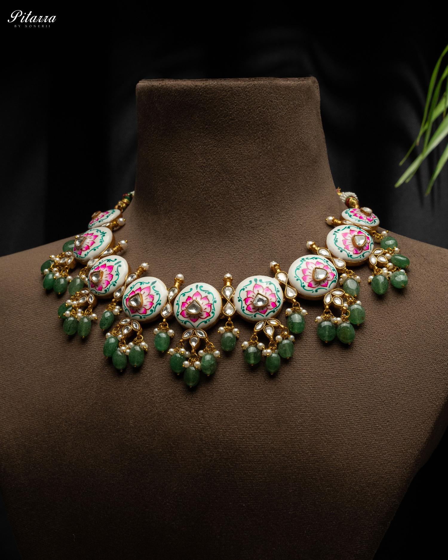 Green Beads Pink Antique Kundan Jadau Necklace Set