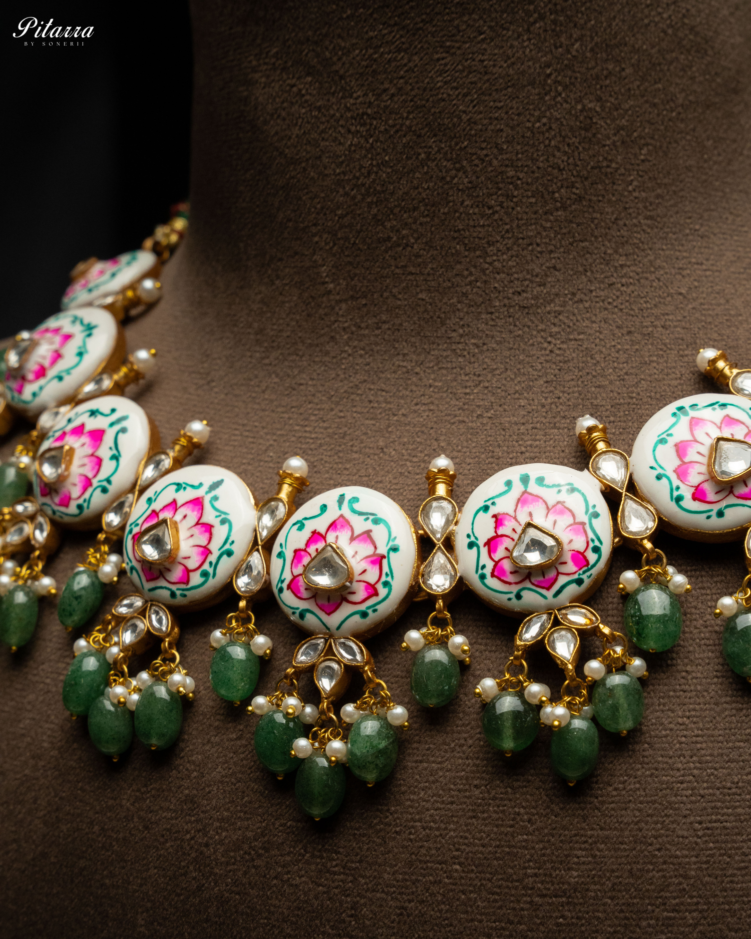 Green Beads Pink Antique Kundan Jadau Necklace Set