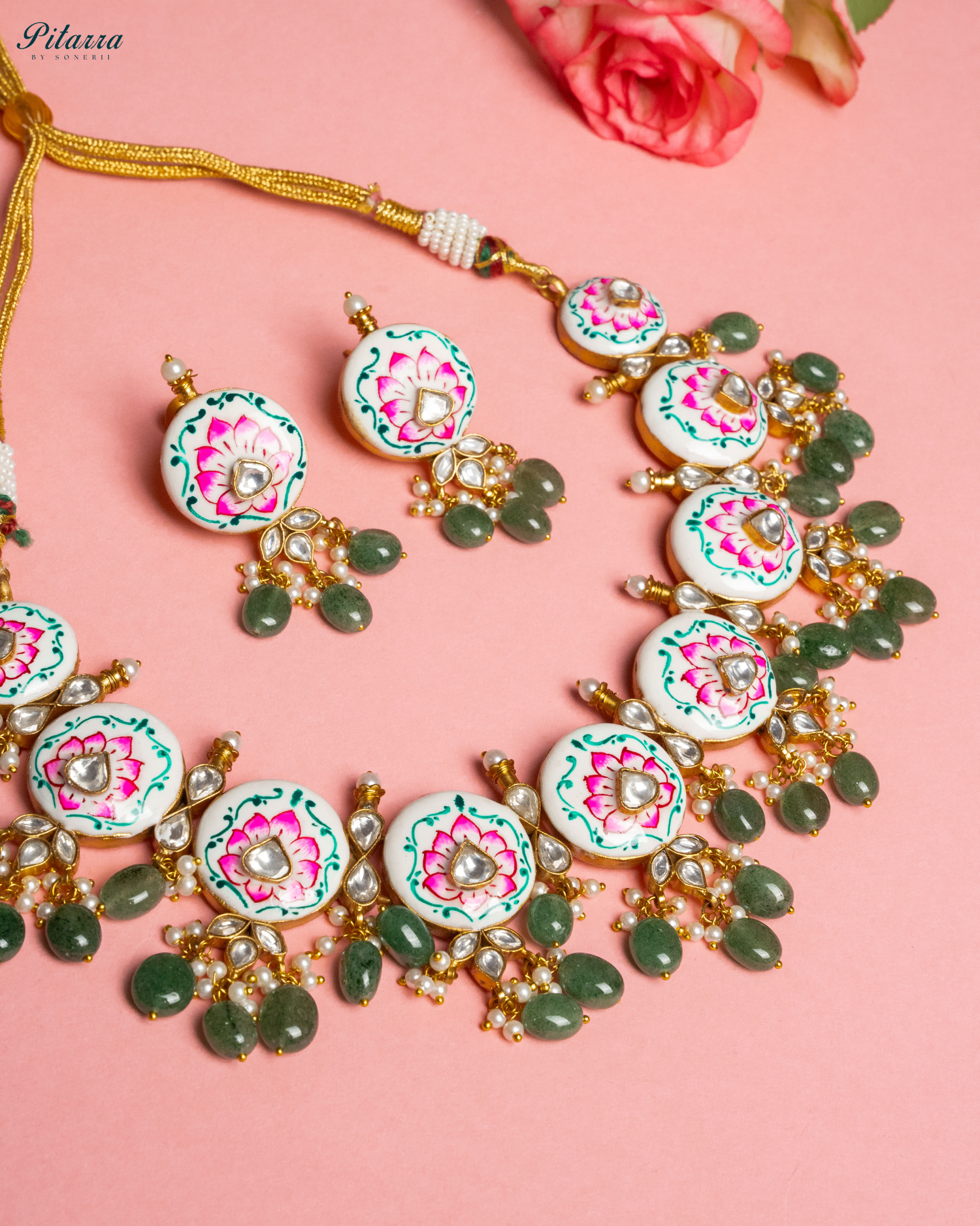 Green Beads Pink Antique Kundan Jadau Necklace Set