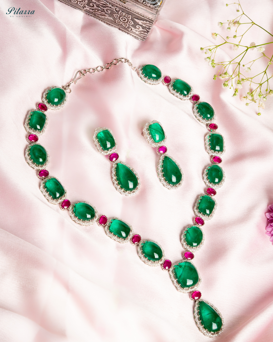 Green Doublet 92.5 Silver Necklace Set