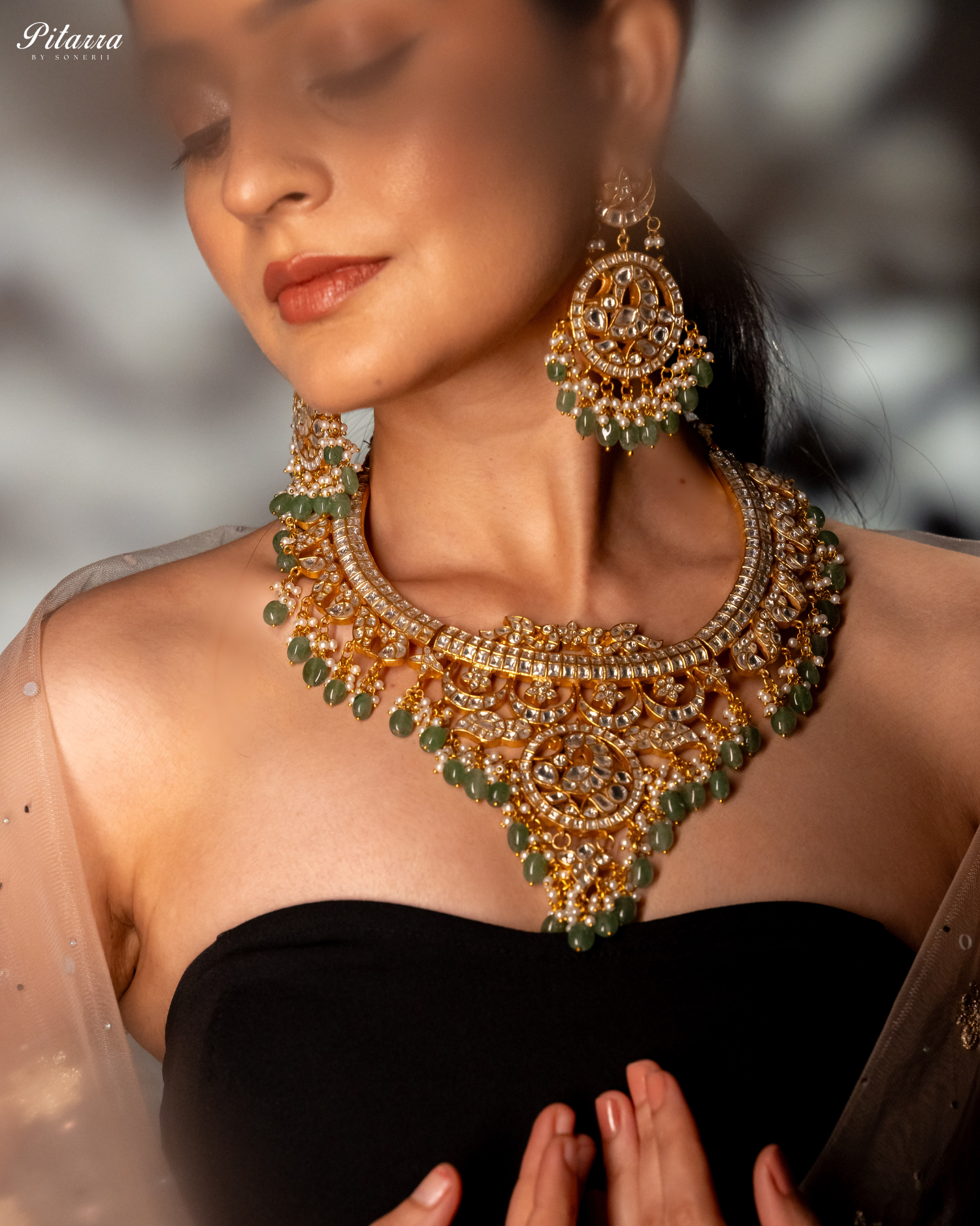 Green Gold Plated Jadau Kundan Necklace Set