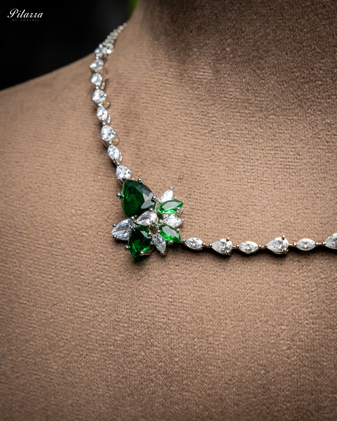 Green Rhodium Plated CZ Necklace Set