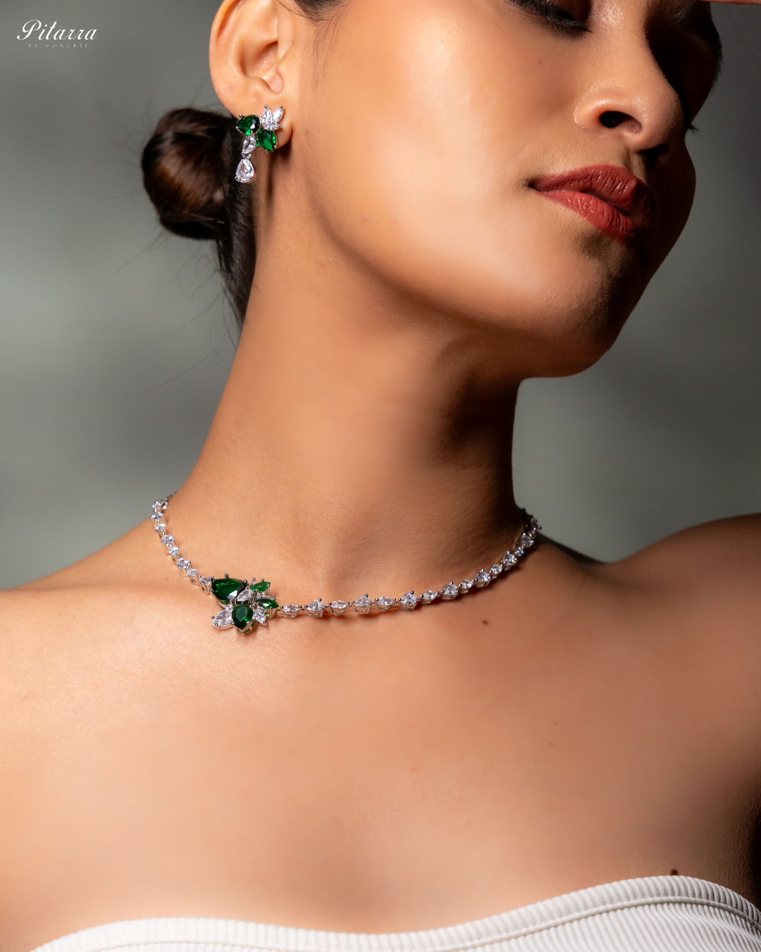 Green Rhodium Plated CZ Necklace Set