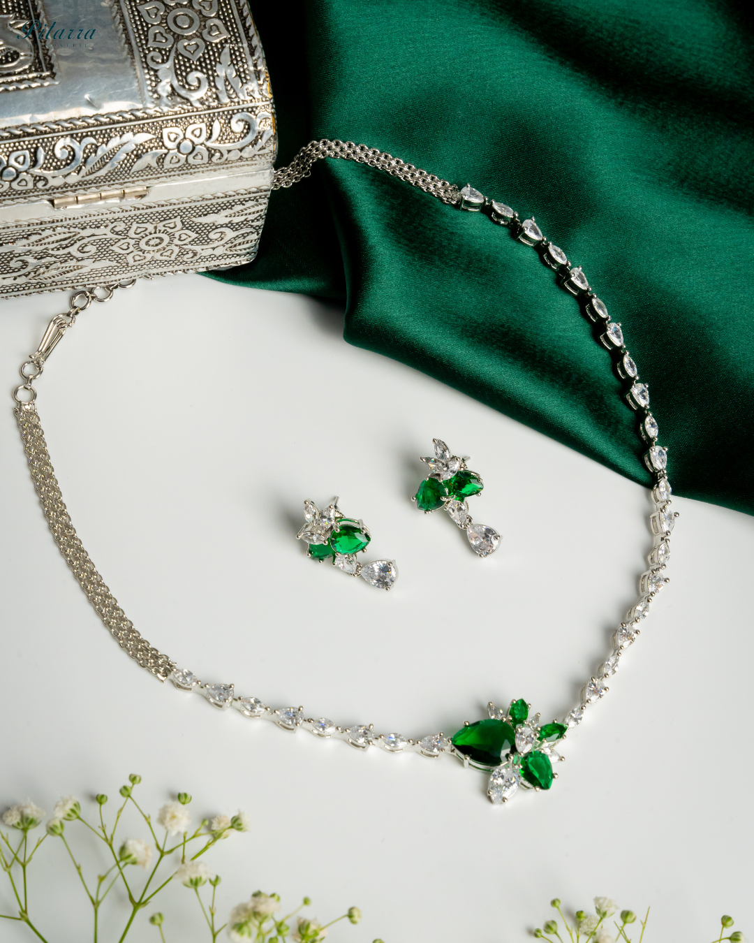 Green Rhodium Plated CZ Necklace Set