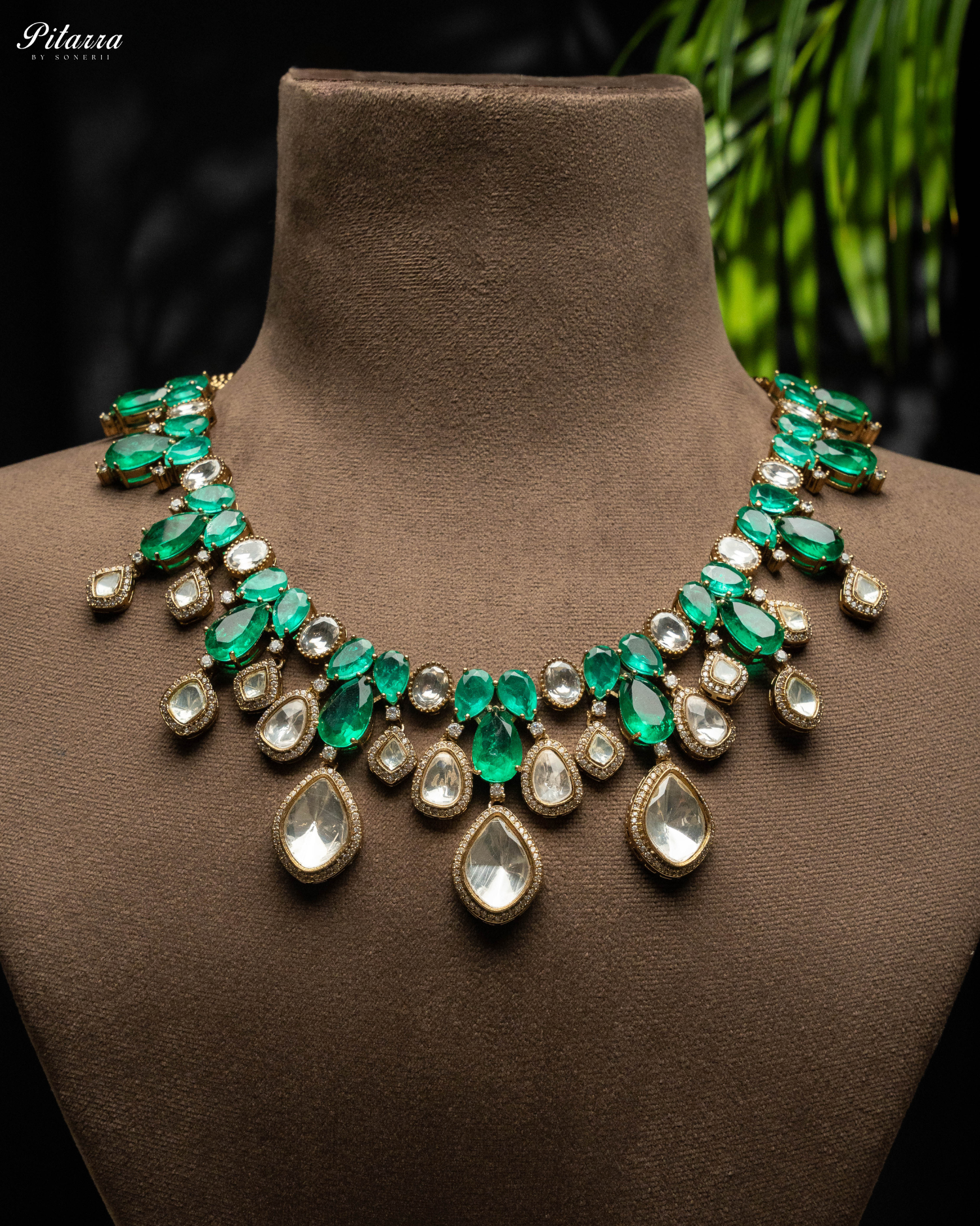 Green Rhodium Polki Kundan Necklace Set