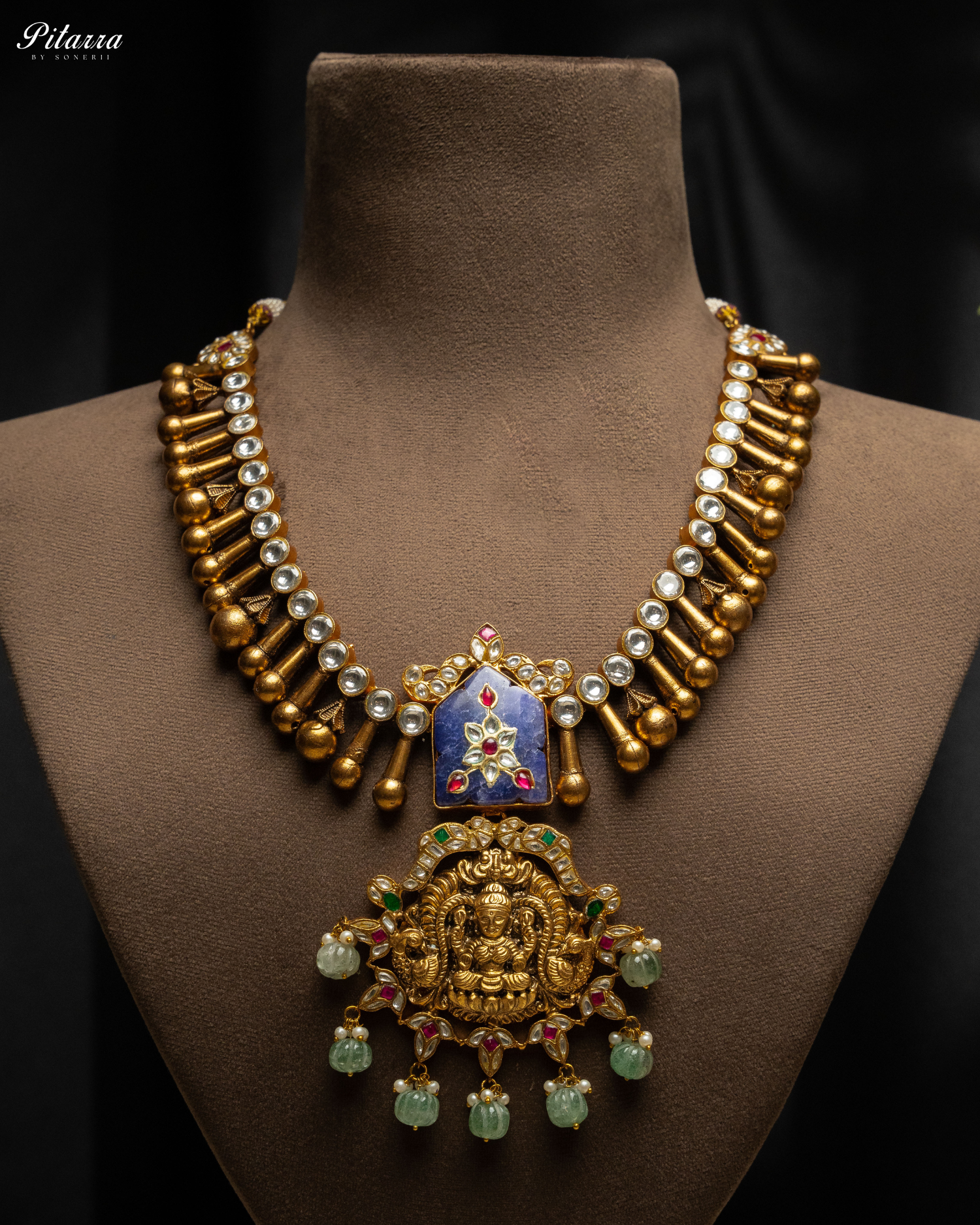 Lakshmi Carved Stone Kundan Jadau Necklace Set