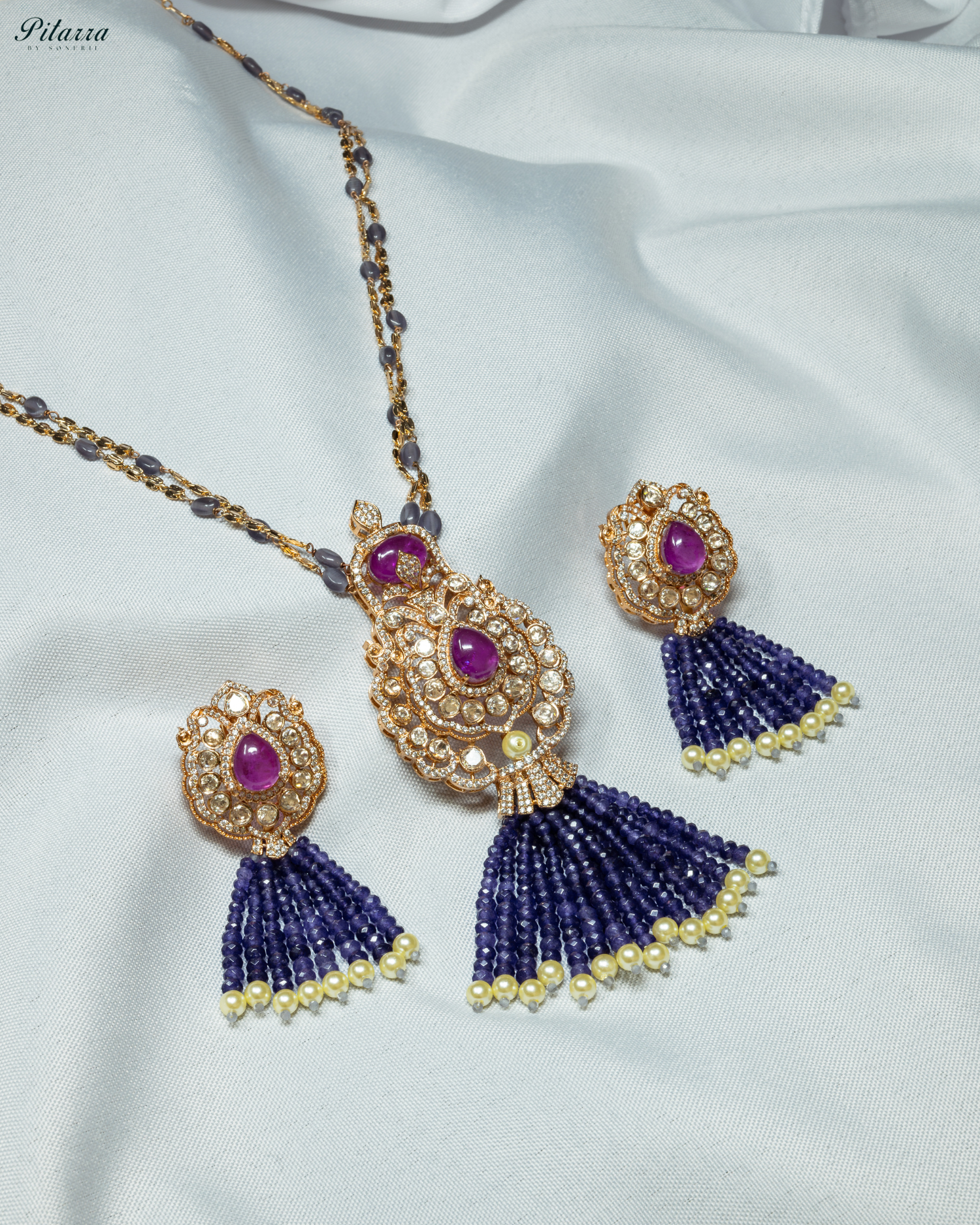 Long Blue Beads Kundan Necklace Set