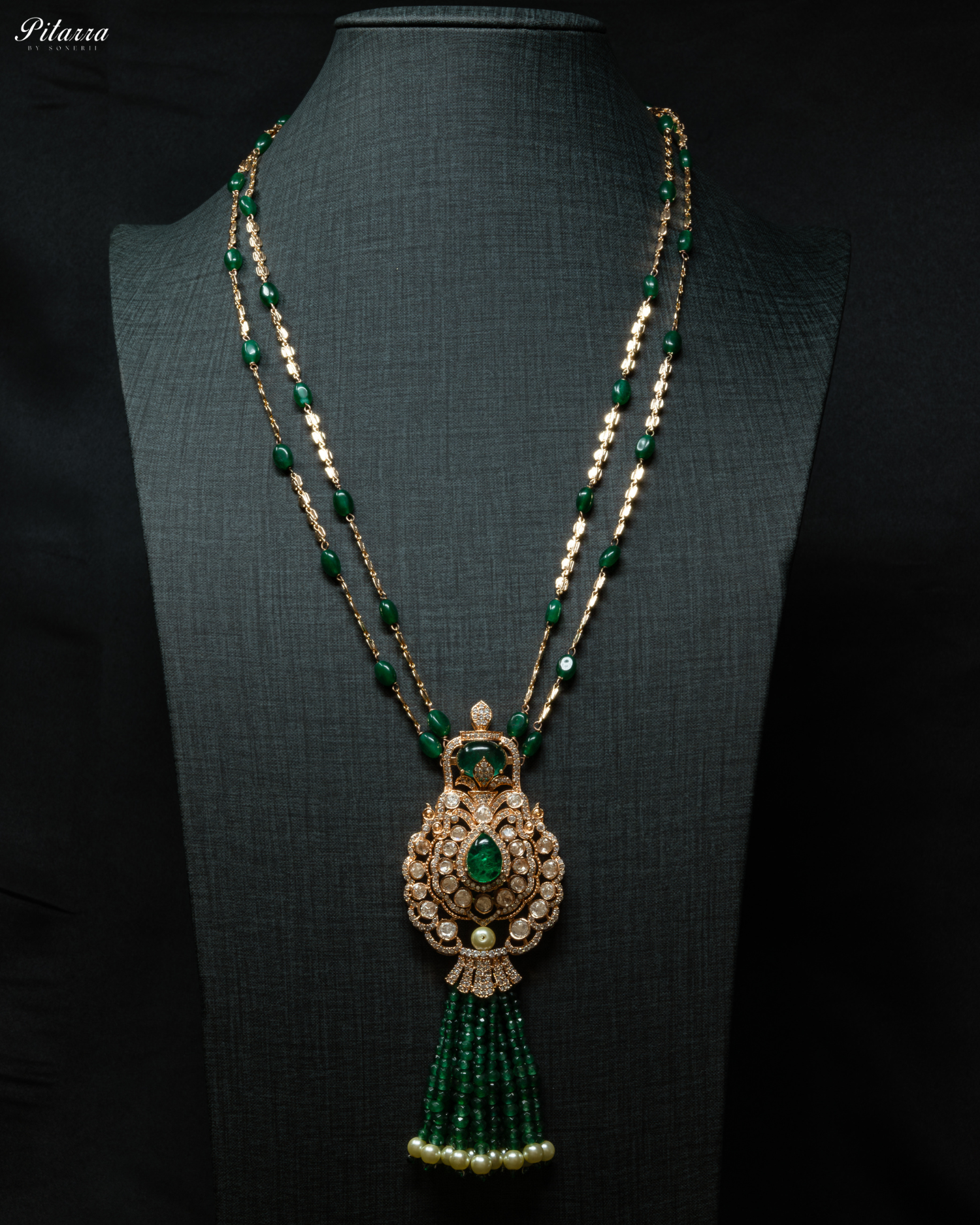 Long Dark Green Beads Kundan Necklace Set