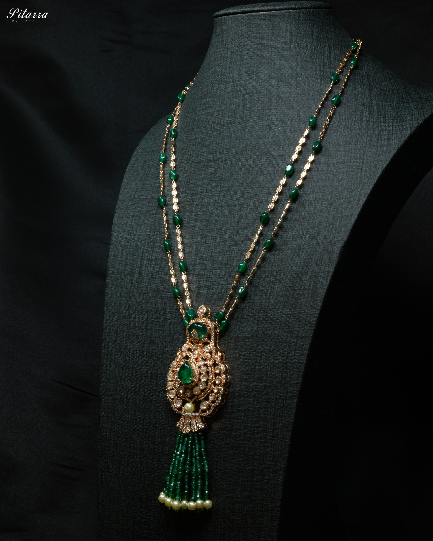 Long Dark Green Beads Kundan Necklace Set