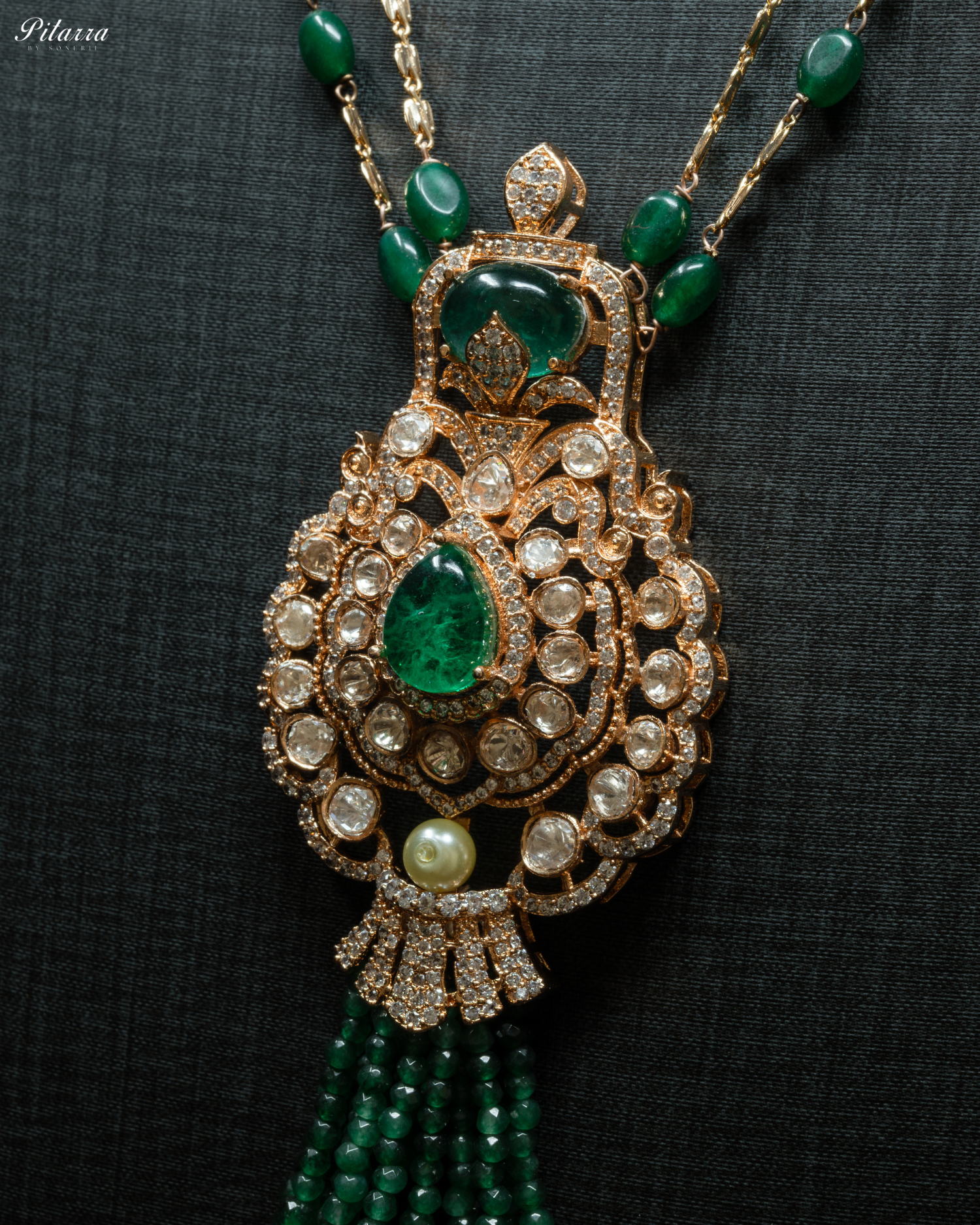 Long Dark Green Beads Kundan Necklace Set