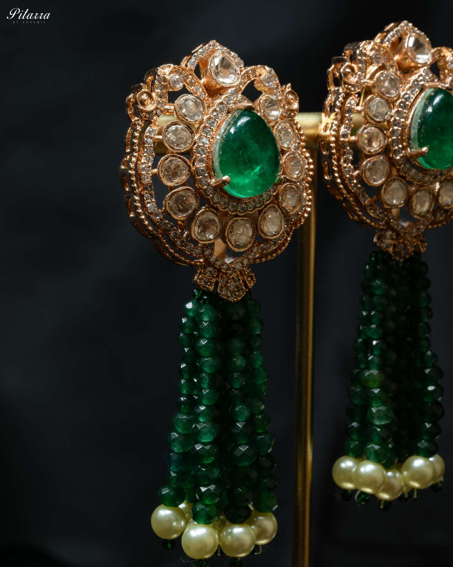 Long Dark Green Beads Kundan Necklace Set