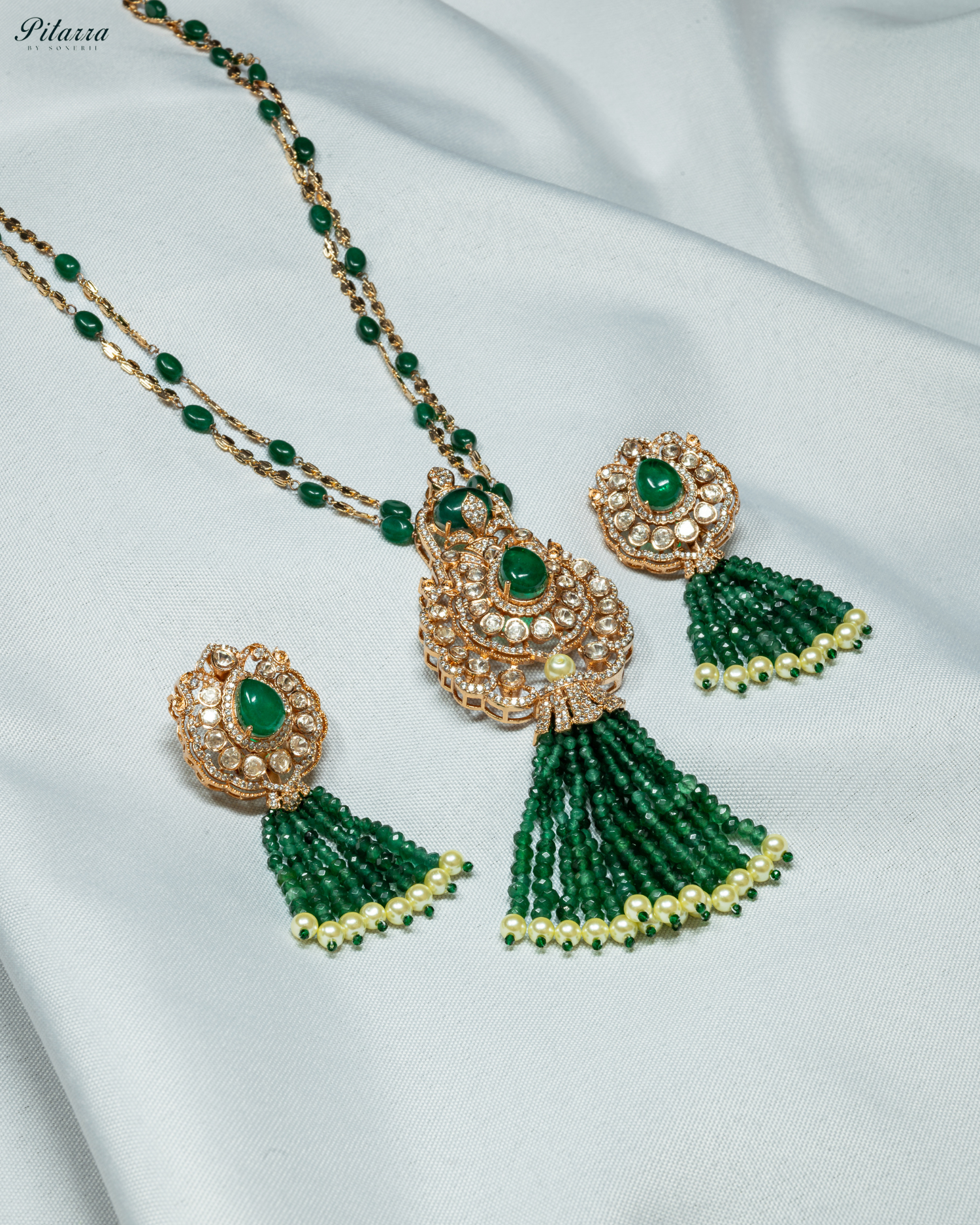 Long Dark Green Beads Kundan Necklace Set