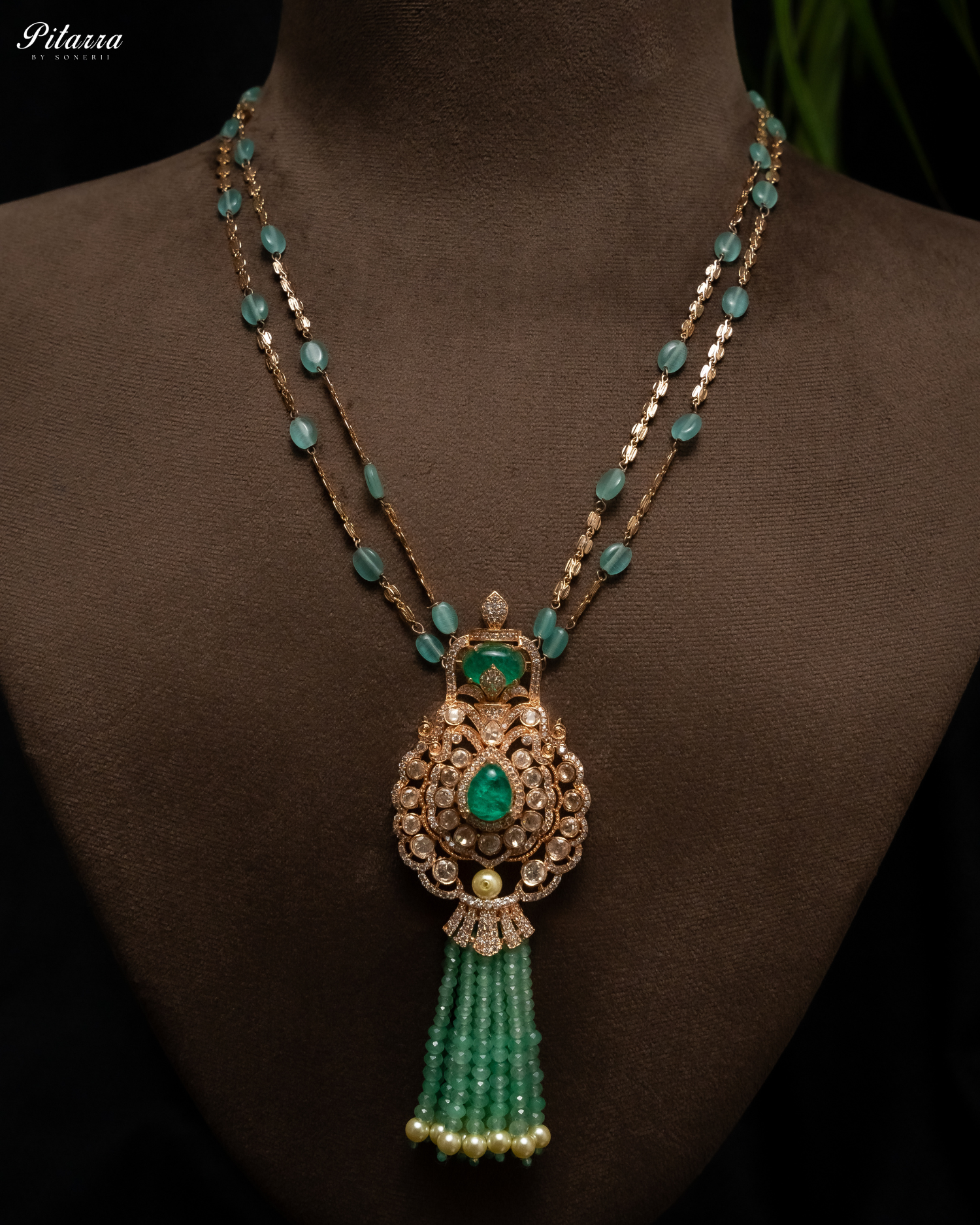 Long Green Beads Kundan Necklace