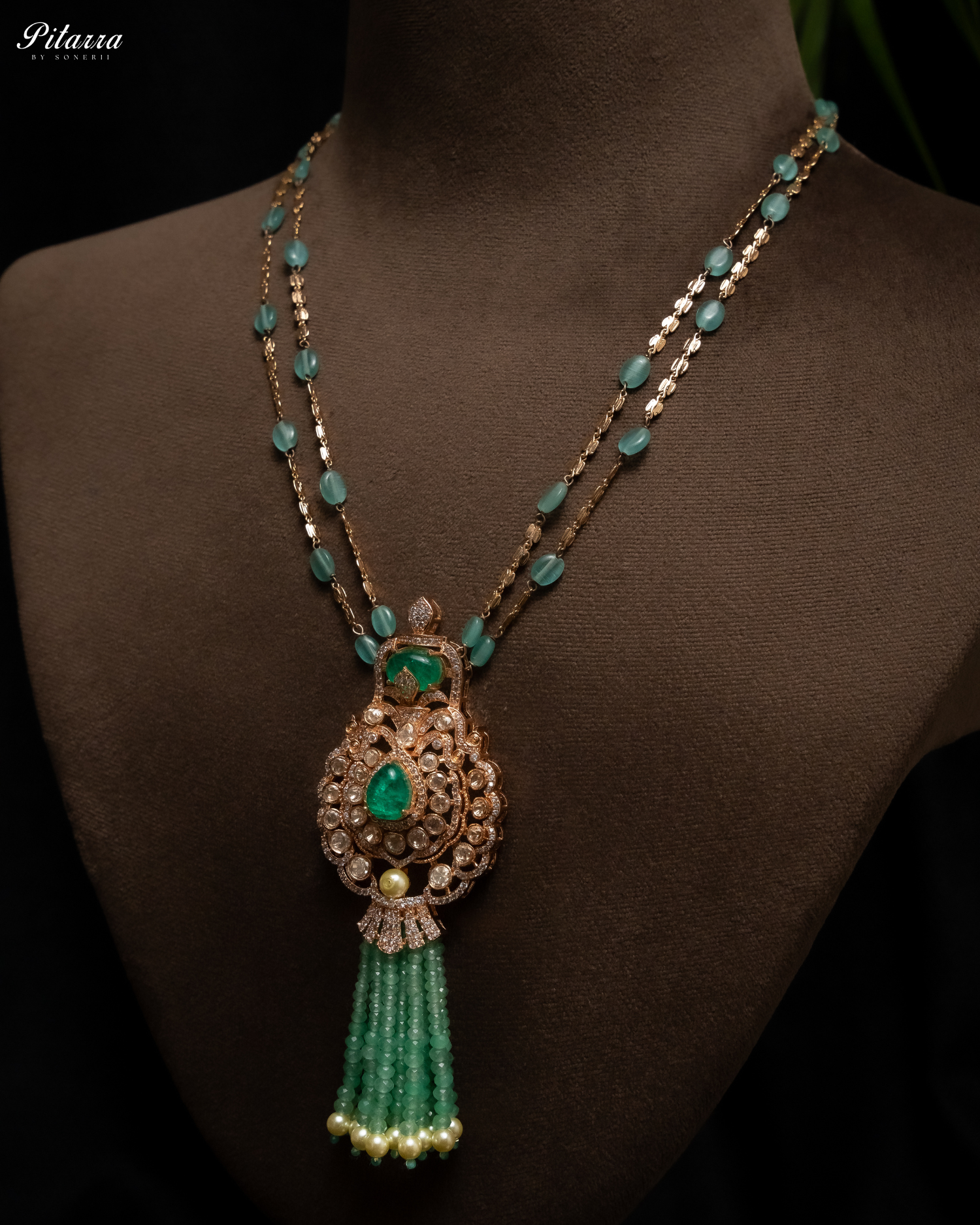 Long Green Beads Kundan Necklace