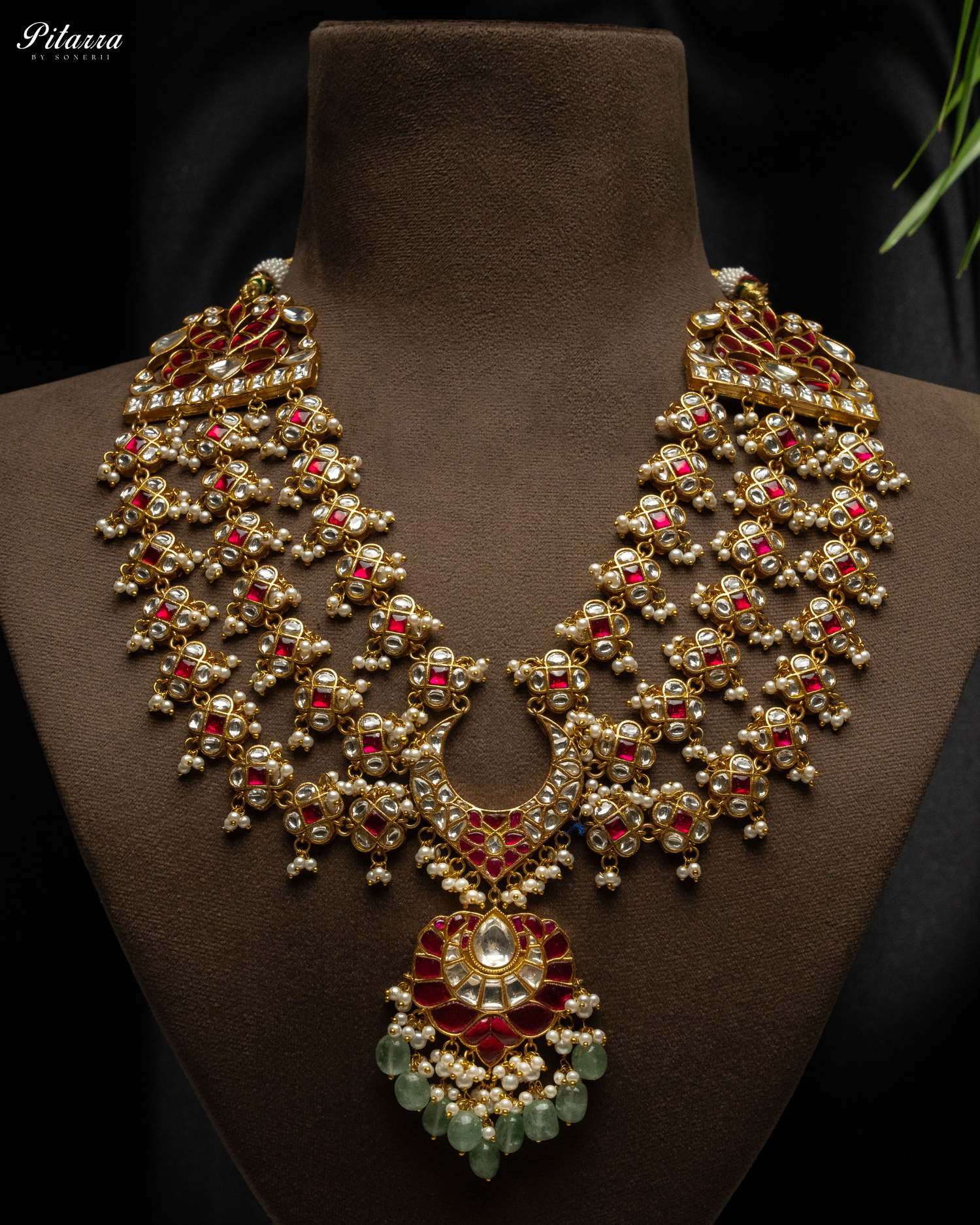 Long Kundan Jadau Necklace With Green Pearl