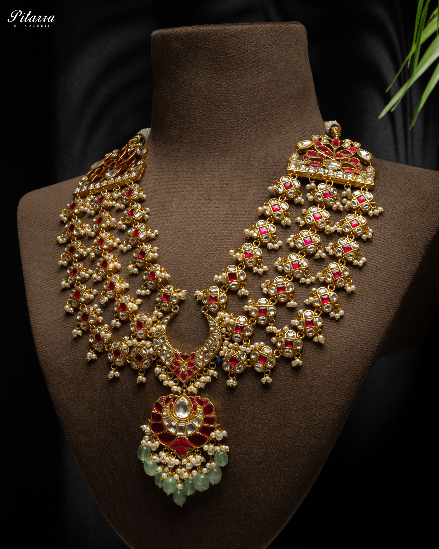 Long Kundan Jadau Necklace With Green Pearl