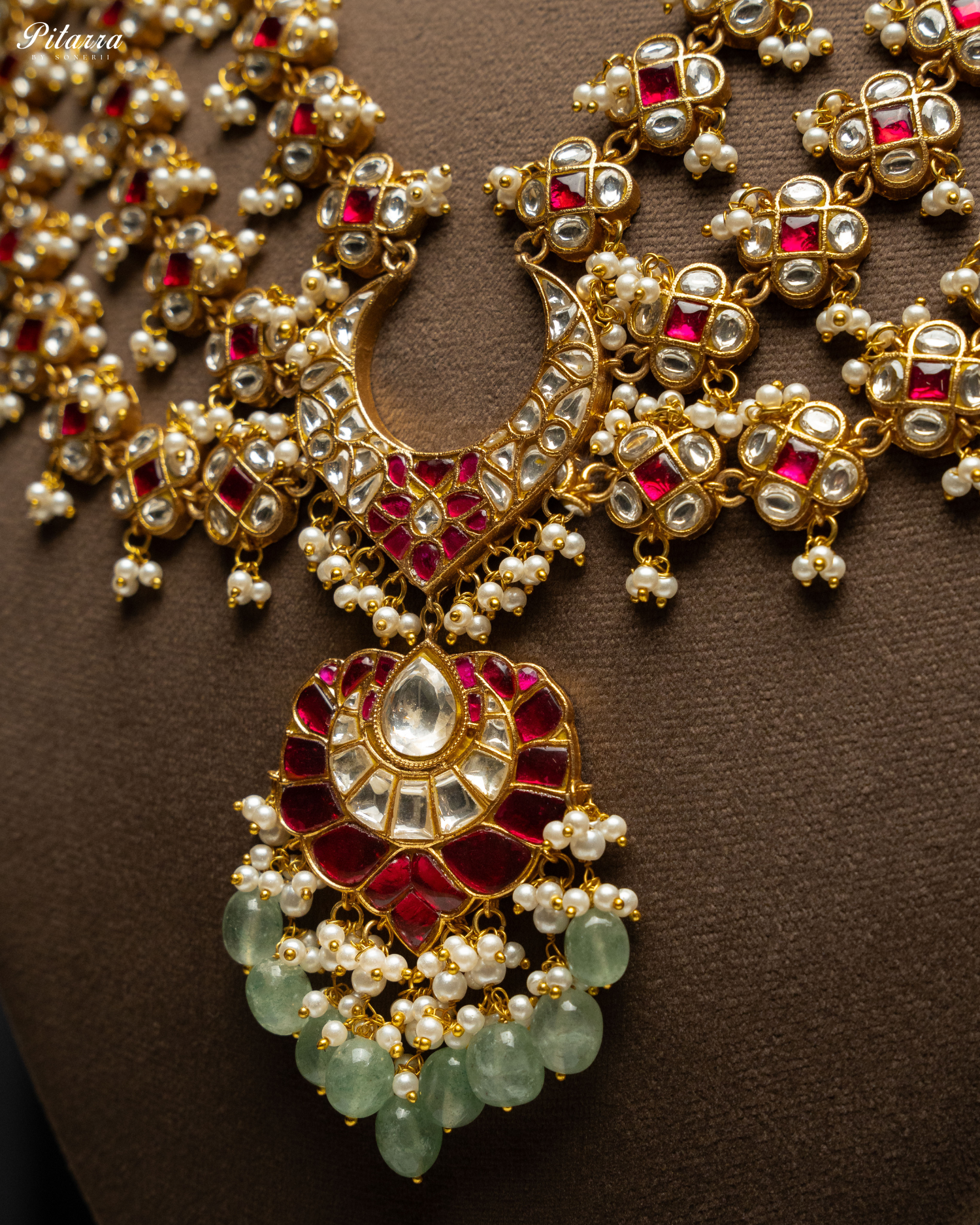 Long Kundan Jadau Necklace With Green Pearl