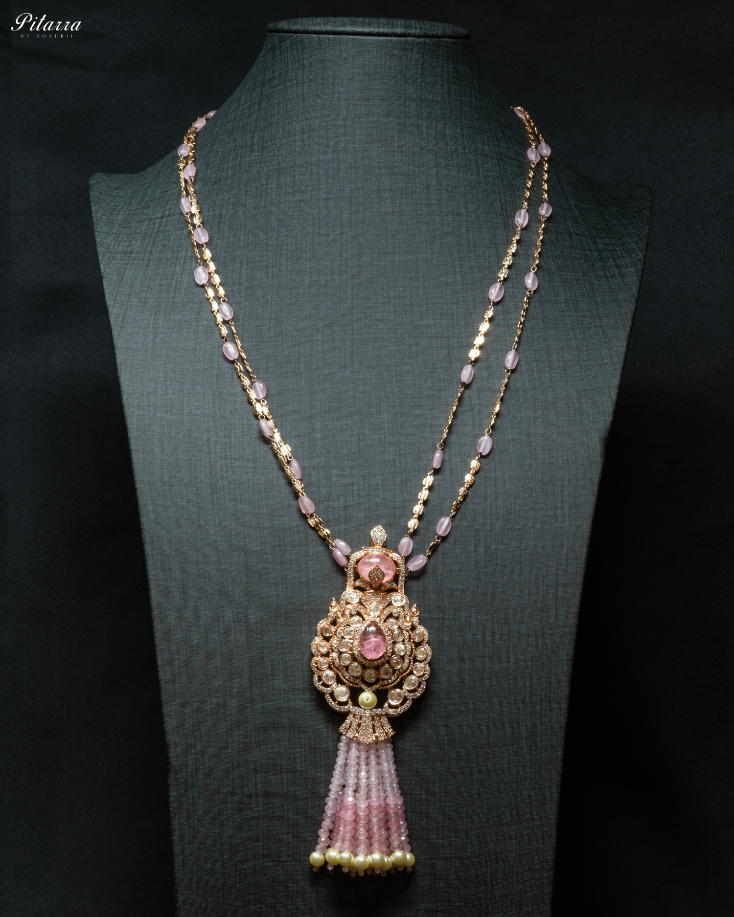 Long Pink Beads Kundan Necklace Set