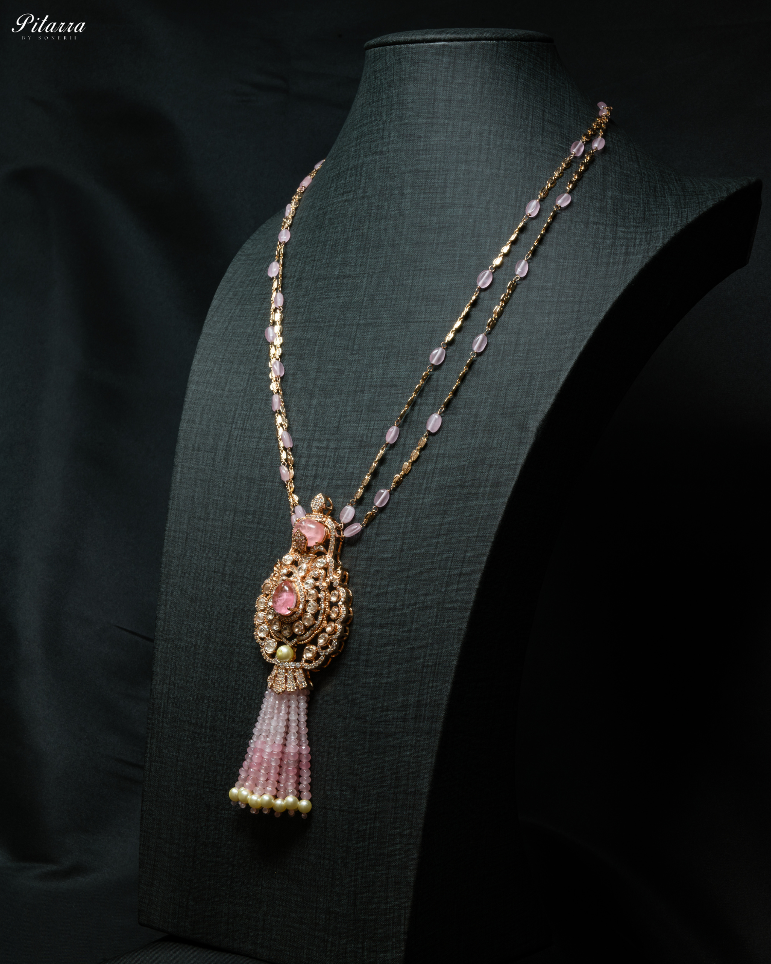 Long Pink Beads Kundan Necklace Set